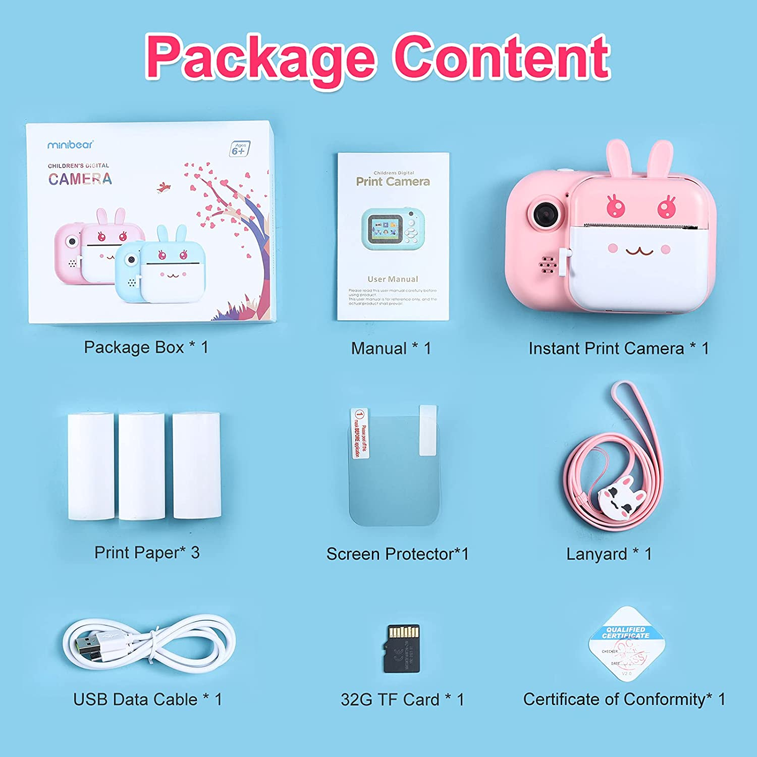 MINIBEAR Kids Instant Print Camera with 3&rsquo; Touch Screen, 28MP Digital Camera for Kid, 1080P Kids Selfie Video Camera, Children Toy Camera with 32GB TF Card for Boys and Girls（Pink）