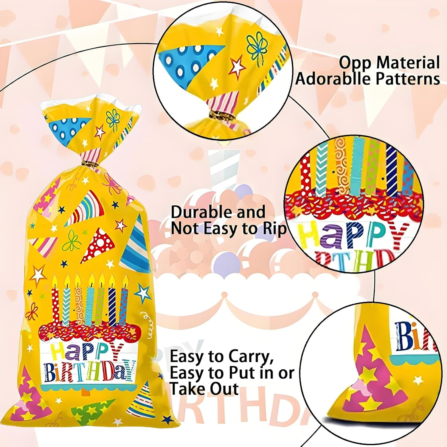 100 Pcs Birthday Treat Bags,4 Cartoon Designs Happy Birthday Cellophane Bags Candy Goodies Snacks Cookies Bags with Twist Ties for Birth Day, Baby Showers, Holiday Party Favor Gift Decor (Colorful) - Colorful image number 3
