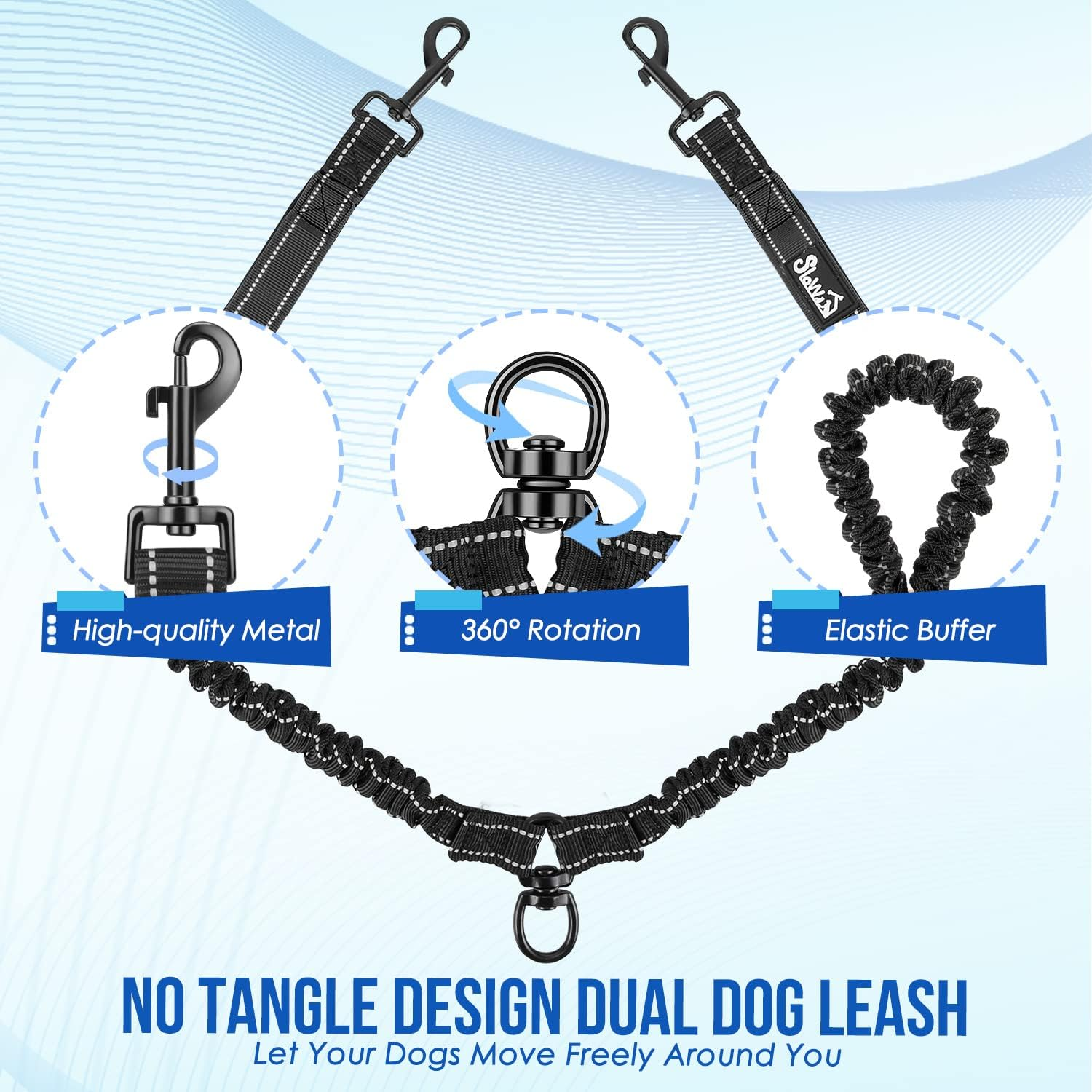 Slowton Double Dog Lead with Extra Handle- 360&deg; Swivel Heavy Duty Reflective Double Dog Lead for Walking 2 Dogs No Tangle Dual Dog Splitter Dog Leash for Small Medium Dogs Walking (Black, Large) image number 3