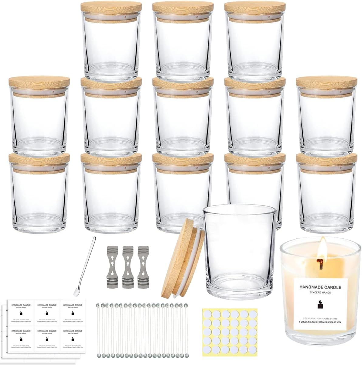 9SHOME 15Pack 7Oz Thick Glass Candle Jars with Bamboo Lids & Labels - Empty Containers for Making Candles, Dishwasher Safe image number 4