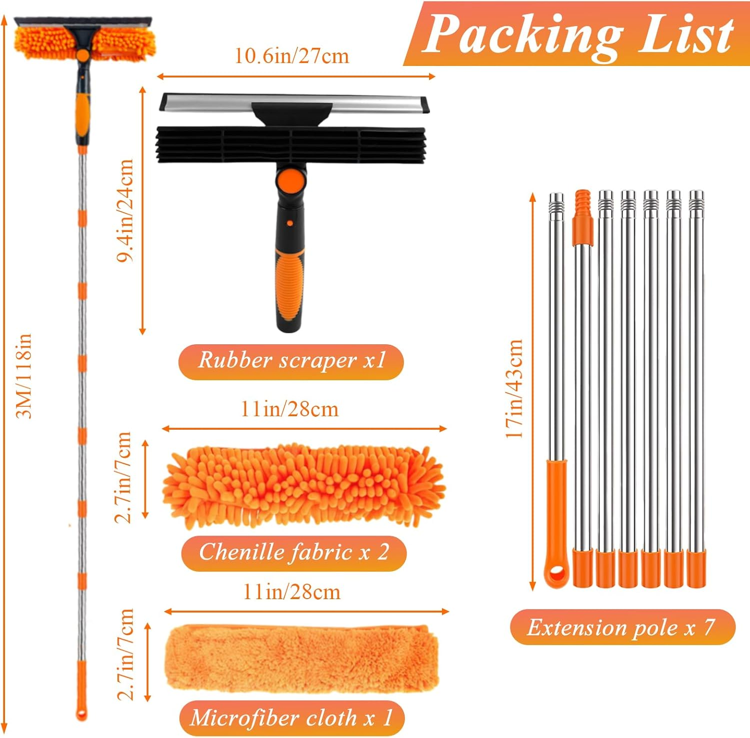 3-In-1 Window Cleaner with Telescopic Rod, Telescopic Window Wiper 3M, Long Handle Window Cleaner Set with Silicone Window Squeegee and Microfibre Cloth Brushes, Window Cleaning Set for Glass, Mirror image number 5