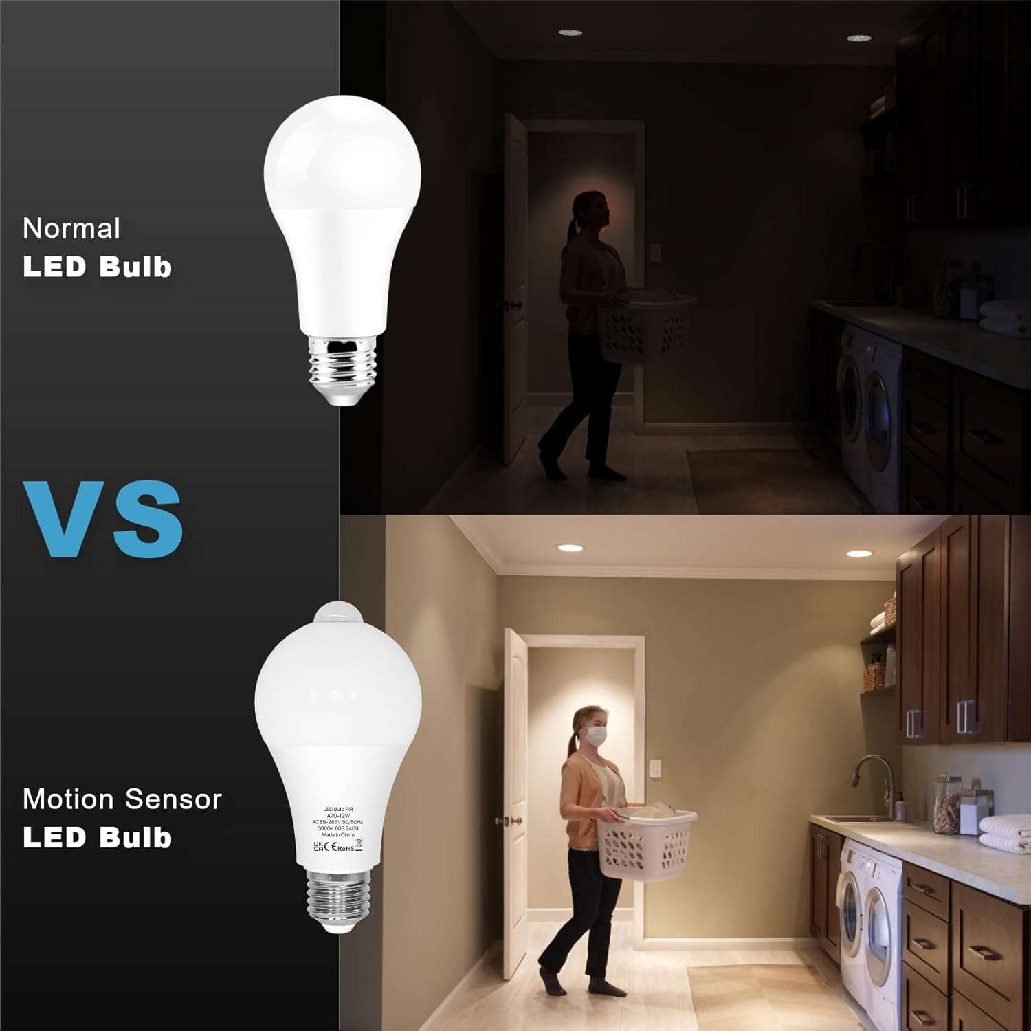 LUTW Motion Sensor Light Bulb, 12W E27 Screw Bulb Cool White 6000K, Equivalent to 100W Incandescent, 900LM Auto On/Off Indoor Outdoor Security LED Bulb for Garage, Stairs, Hallway Basement, 2 Pack image number 5