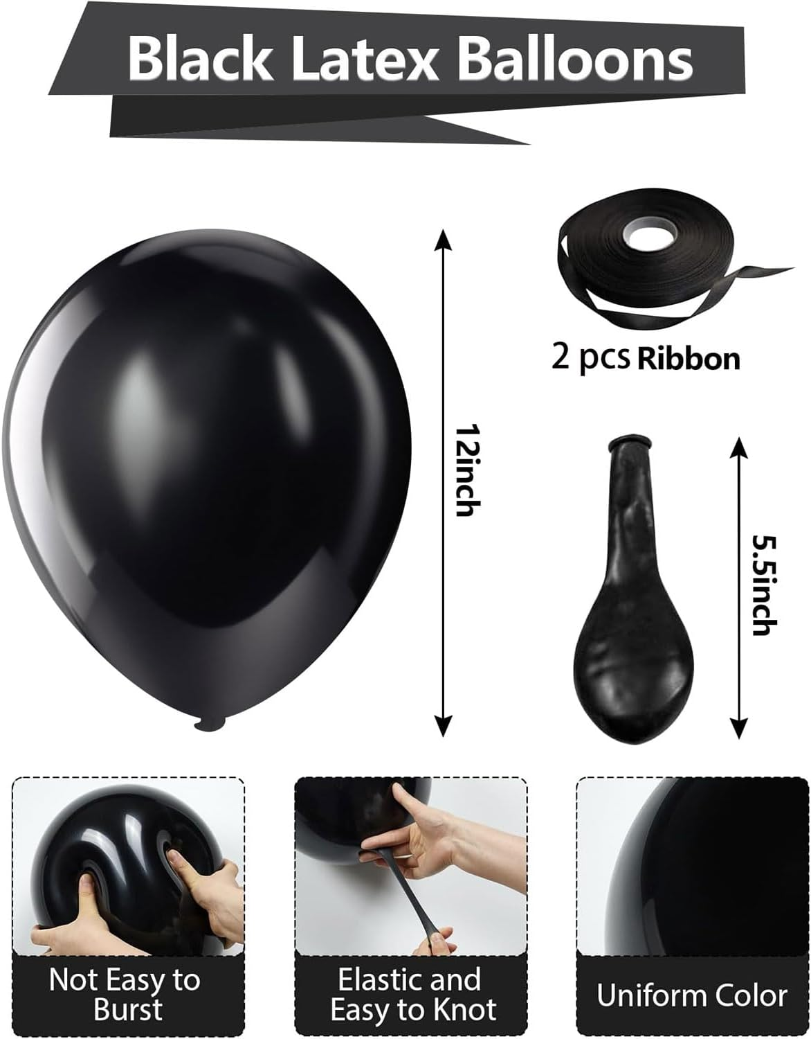 Balloons 12 Inch 30Cm, Latex Balloons 50Pcs Party Balloon for Baby Shower Engagement Bachelorette Bridal Shower Wedding Party Graduation Birthday Decorations(With 2 Ribbons) (Black) - Rainbow image number 6