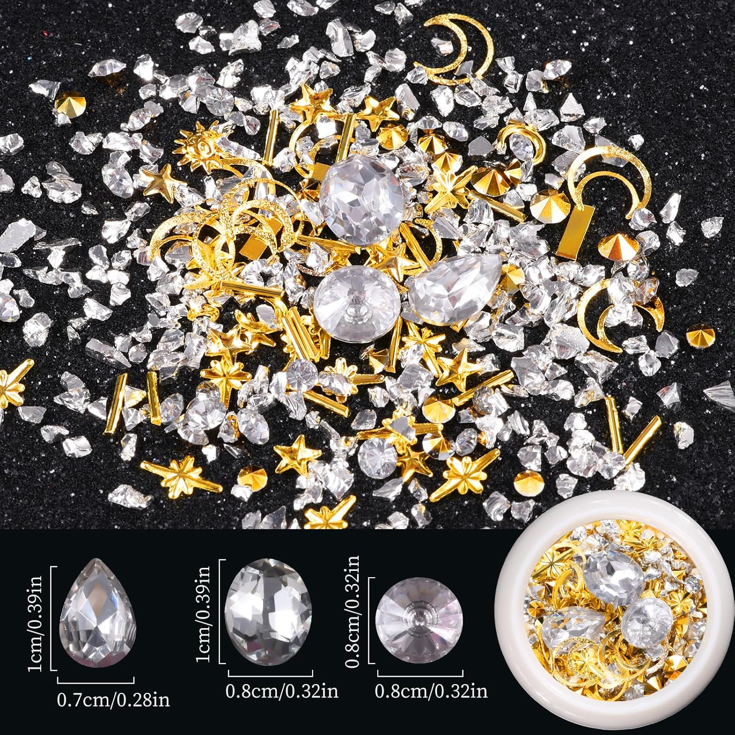 (Micro Mini Stones Kit) - Edittime 6 Wheels Mixed Sparkle Nail Art Rhinestones Diamonds Crystals Beads Artificial Pearls and Gold Silver Nail Studs Gems Metal Rivets Charms Hollow Moon Star Shaped image number 5