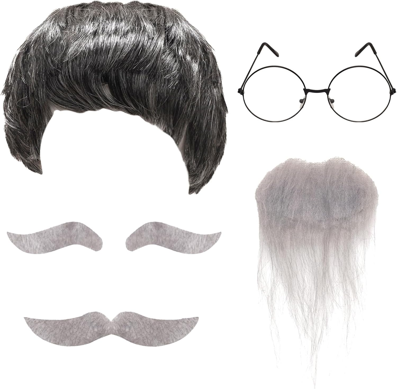 Old Man Wig Mustache Set Old Man Costume Kit Grandpa Costume Accessories Grey Wig Fake Beard Eyebrows Glasses for Men Adults Teens for Halloween 100Th Day of School