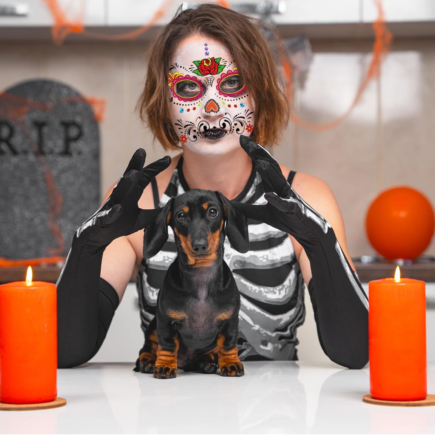 Pack of 8 Halloween Face Tattoos for Adults, Temporary Tattoos with Skull Vampire Motifs and 1 Rhinestone Tattoo, Pumpkin Costume Accessories for Cosplay Party image number 3