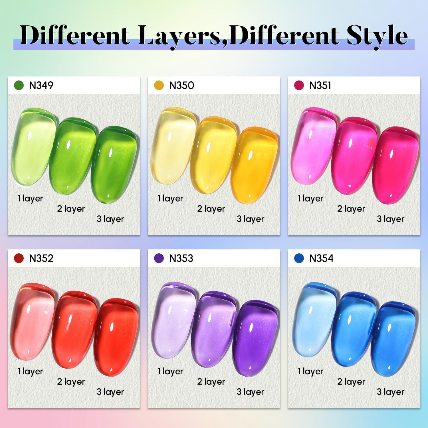 Nicedeco Cruelty-Free Vegan Jelly Neon Gel Nail Polish Set,Green Yellow Red Purple Blue Pink Jelly Nail Polish Soak off UV LED for Salon and Nail Art DIY Nail Gel Polish Set 6 Colors-45 - Nset6-46 image number 6