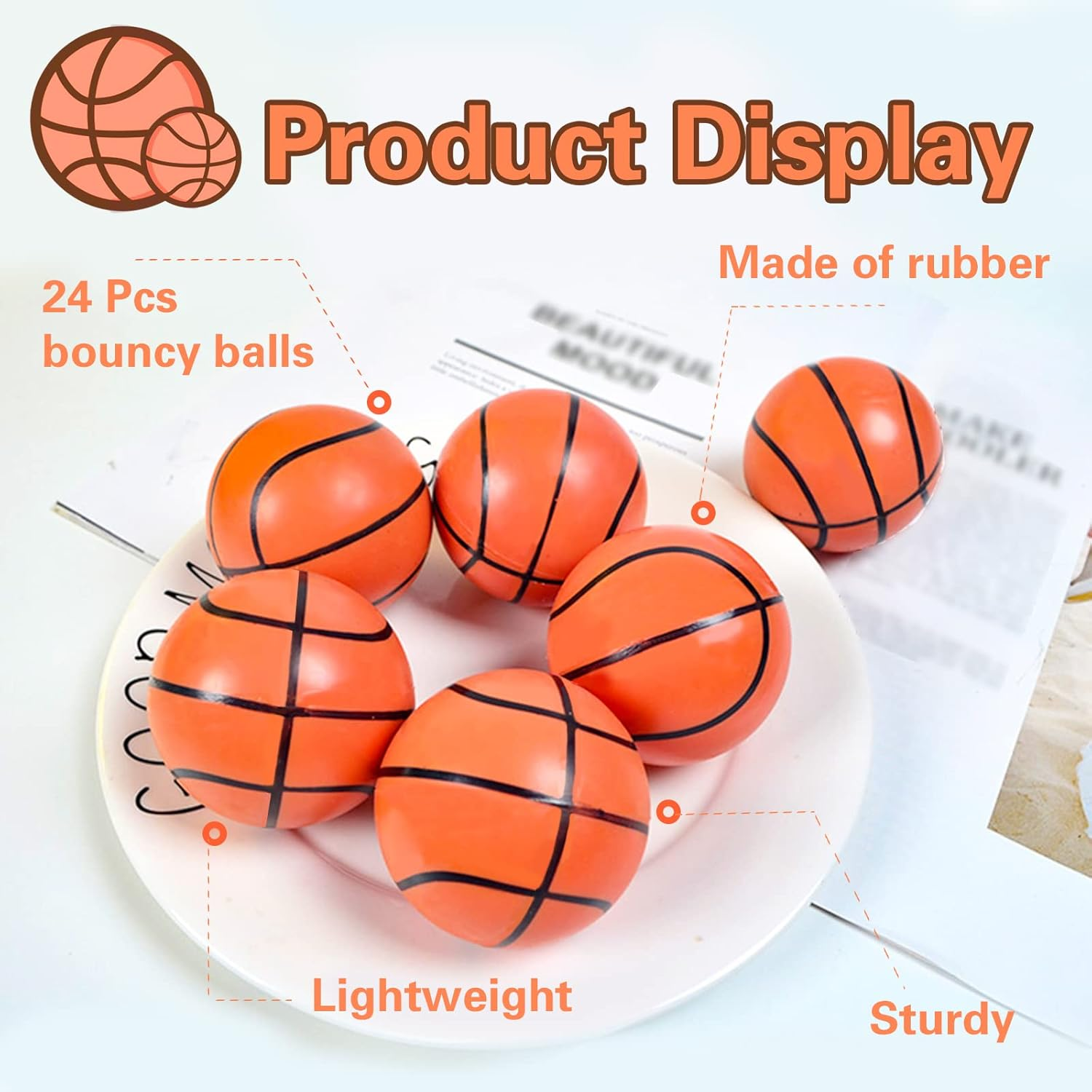 24Pcs Sports Bouncy Balls,Basketball Party Favors for Kids,High Bouncing Basketball Ball,Halloween Bouncing Balls for Party Favors,Ball Games,Stocking Stuffers(32Mm) image number 2