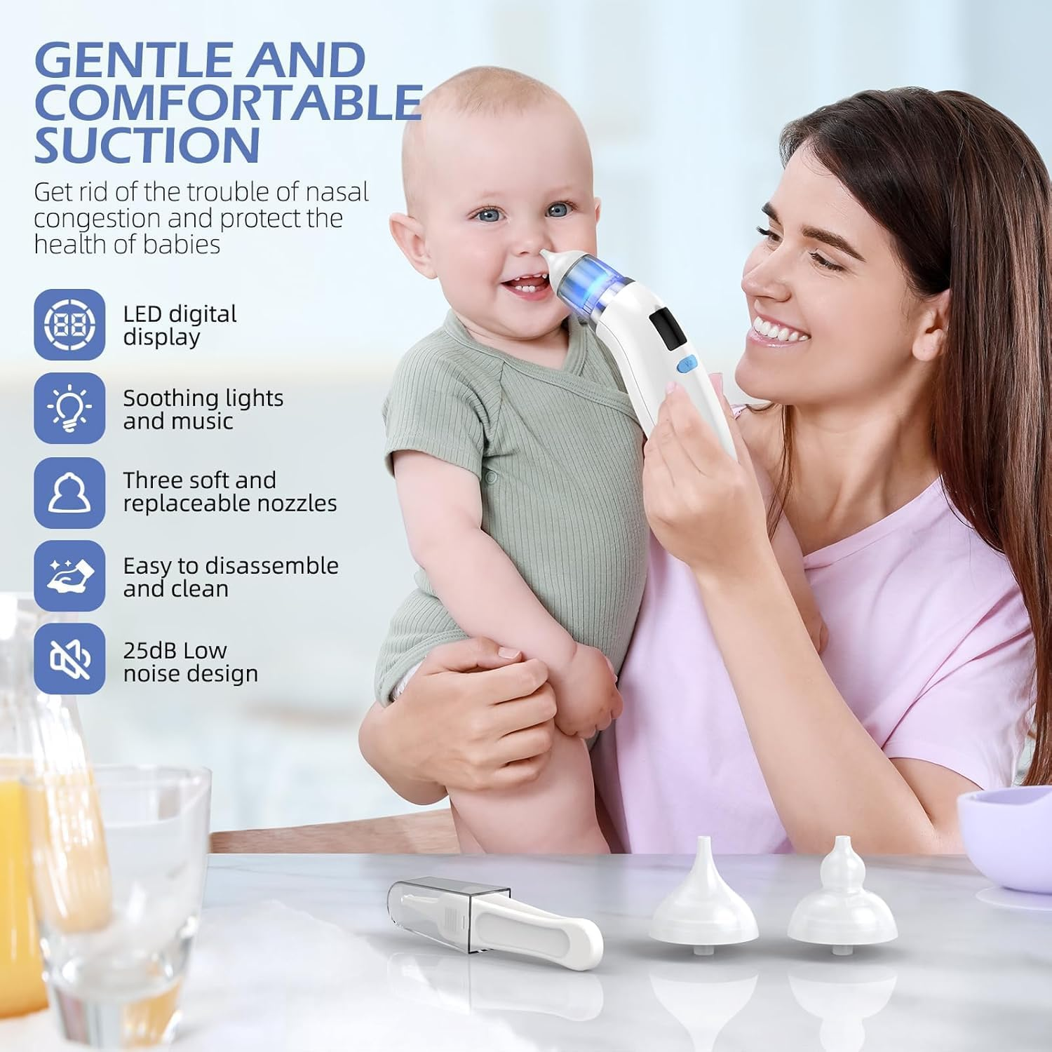 Nasal Aspirator for Baby, Electric Baby Nose Sucker with 5 Levels Suction, Automatic Nose Cleaner with 3 Silicone Tips, Nose Aspirator with Music Soothing Function & Light image number 4