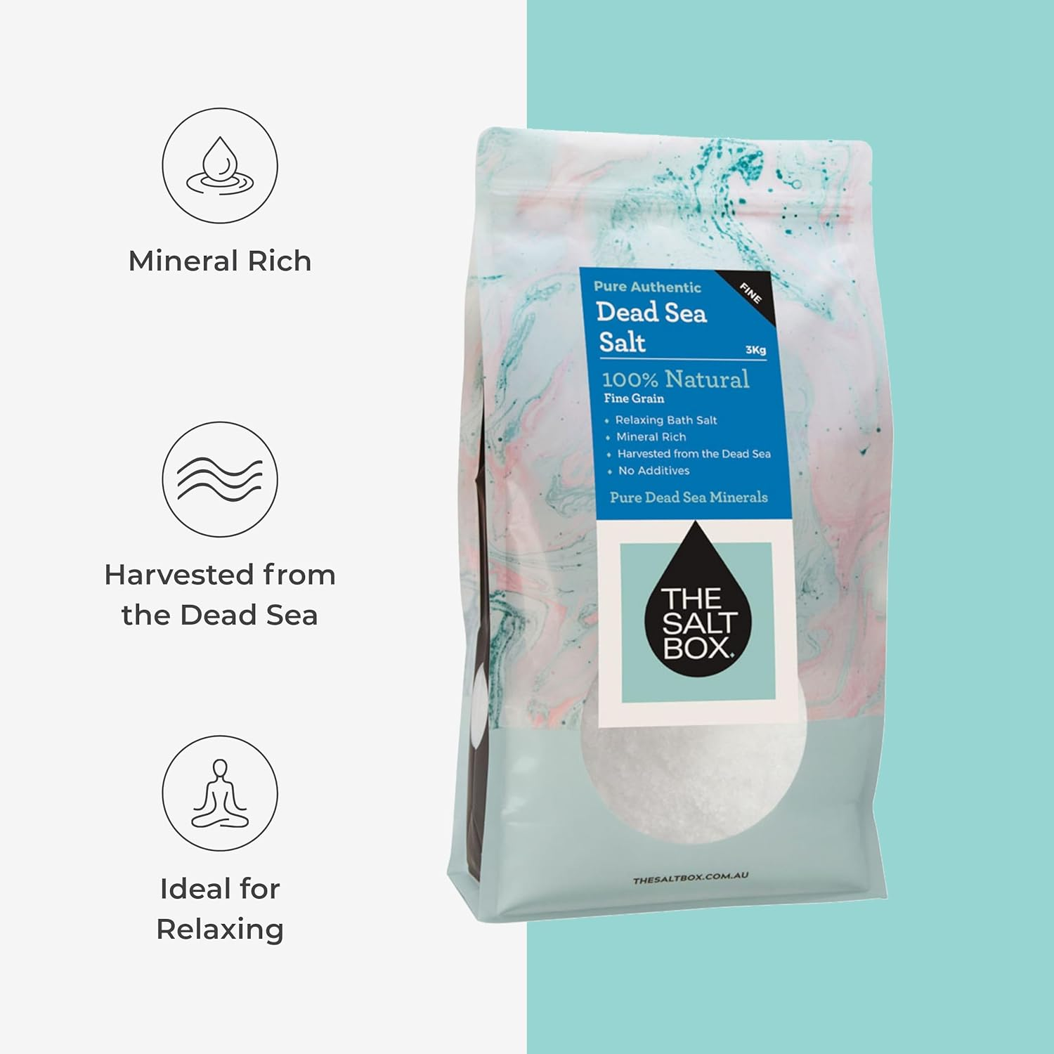 The Salt Box - Relaxing Bath Soak Fine Dead Sea Salt- Magnesium Scrub for Skin Hydration, Detoxification, and Stress Relief - 3Kg Single Bag - Natural White Crystals with Light Mineral Scent