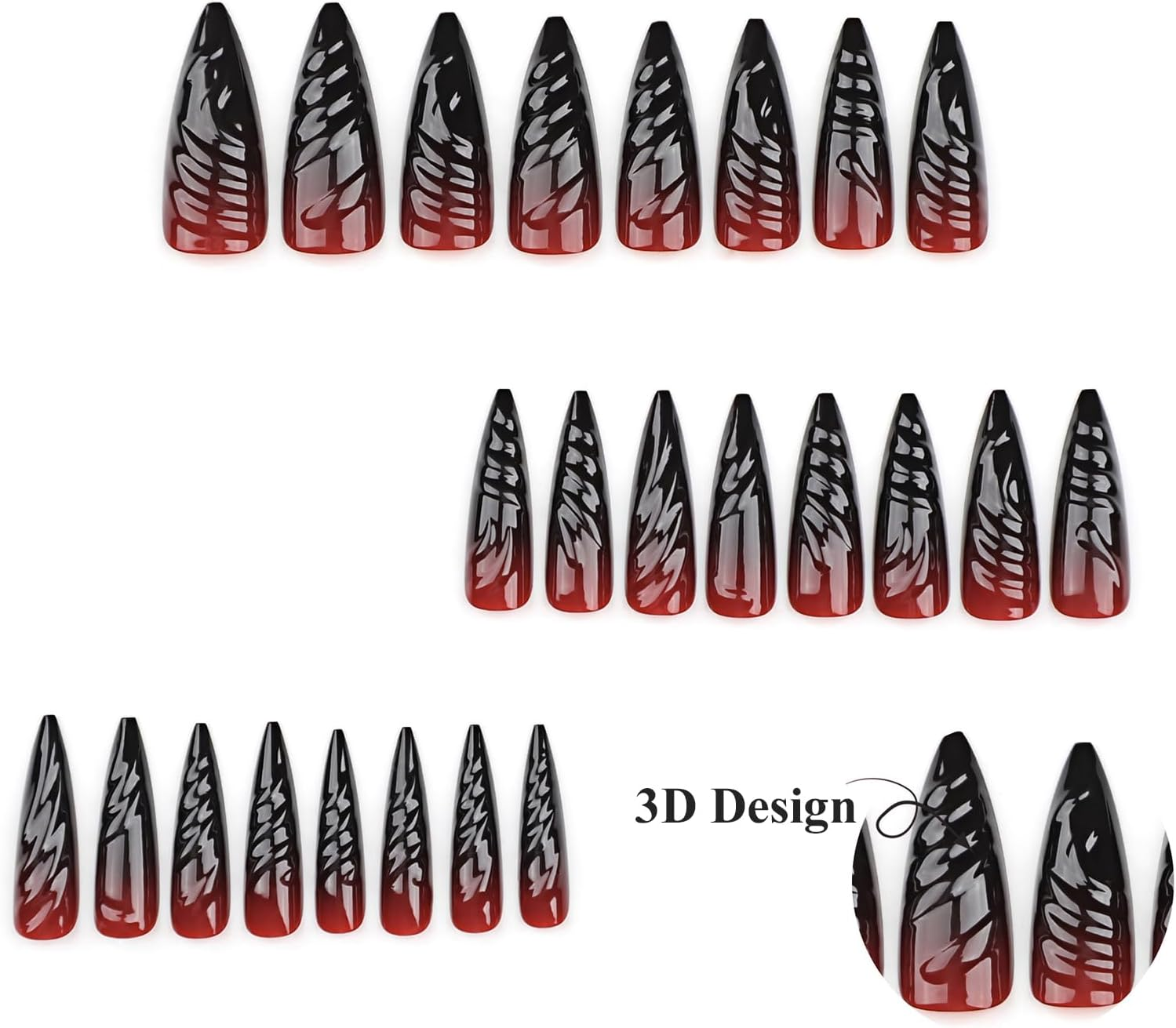 MISUD Stilettos Long Glossy Fake Nails Glue on Nails Gothic Almond Acrylic Fake Nails Gothic Red Black Gradient Fake Nails 3D Design Fake Nails 24PCS image number 5