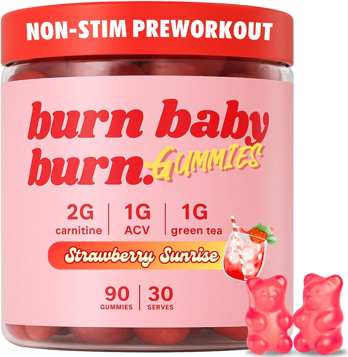 Pre-Workout Gummies Non-Stim Thermo Daytime Vegan Preworkout - BBB&trade; by the Gummy Lab&trade; with L-Carnitine, Green Tea, Apple Cider Vinegar | Strawberry Sunrise | 90 Gummies (30 Servings) image number 6