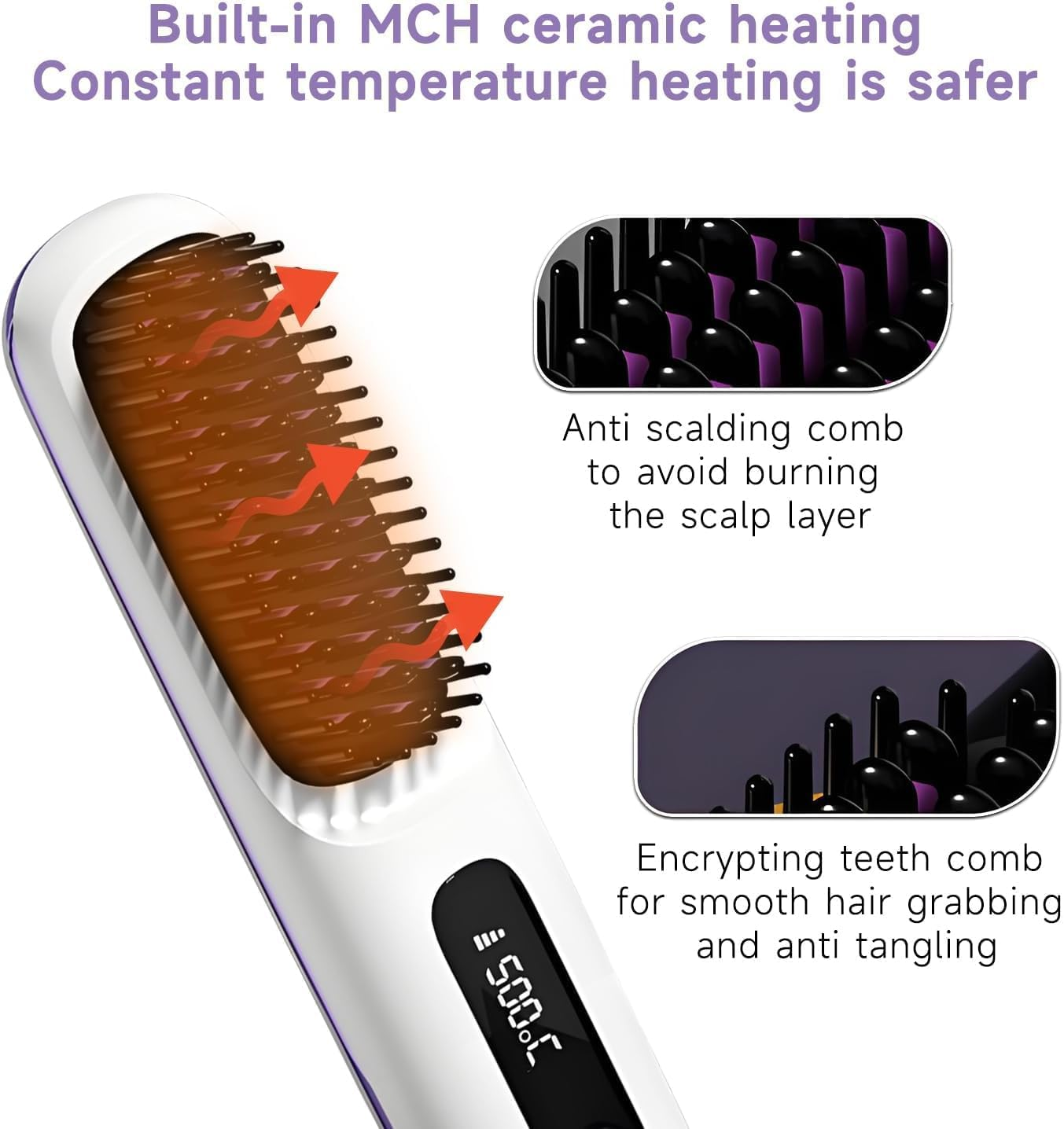 QUMOX Cordless Hair Straightener Brush, Portable Straightening Brush for Travel, Mini Hot Ionic Straightener Comb for Women, Ceramic Coating, Lightweight for Touch-Ups, White (Charger Not Included) image number 2