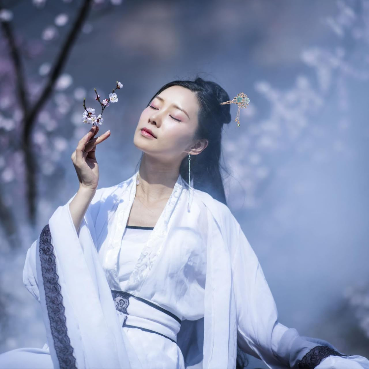 Minkissy Rhinestone Flower Hair Sticks Blue Cat'S Eye Gemstones Vintage Chinese Hanfu Hair Chopsticks with Tassel Floral Hairpins Hair Styling Accessories - Sky-Blue image number 6