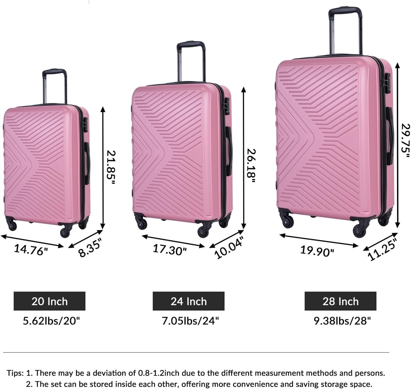 XIQUMOPAX Piece Lightweight Hard - Shell Luggage Set with Lock, Spinner Wheels & Two Hooks, One Color, Pink image number 1