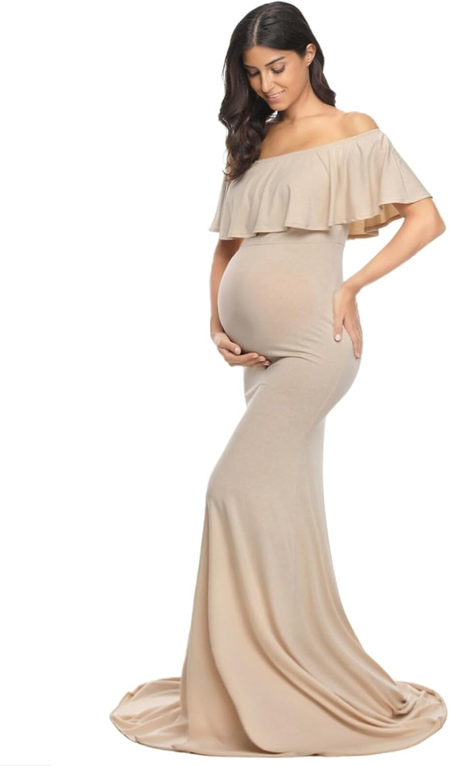 Glampunch Womens off Shoulder Maternity Dress Ruffles Elegant Slim Gowns Fit Maxi Photography Dress