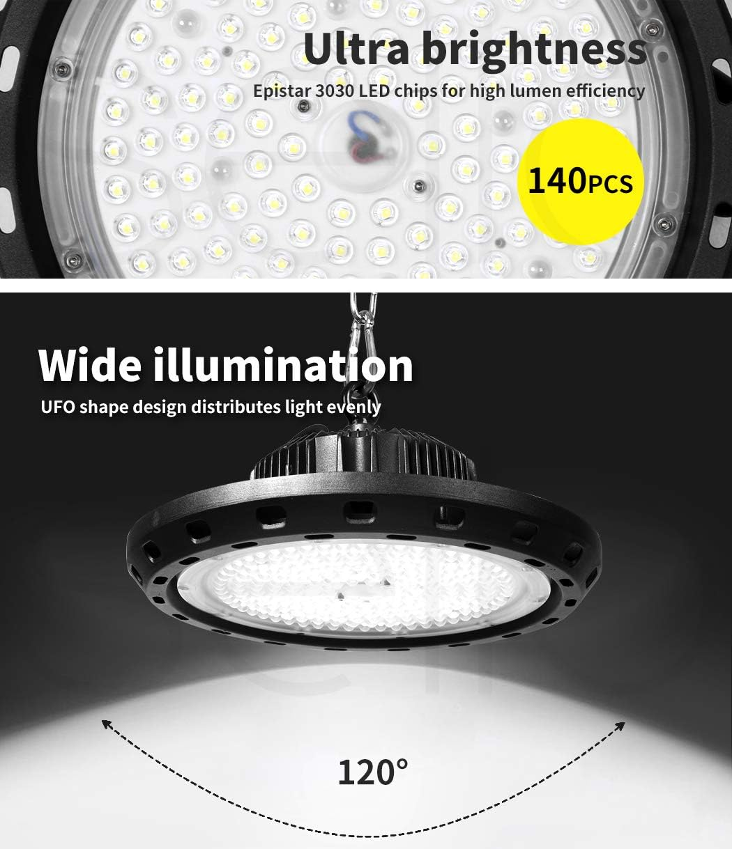 EMITTO UFO LED High Bay Light 100W,Commercial Led Shop Lights Fixture for Garage Factory Warehouse Industrial Indoor Outdoor Lighting,5000K Daylight,Ip65 Waterproof image number 3