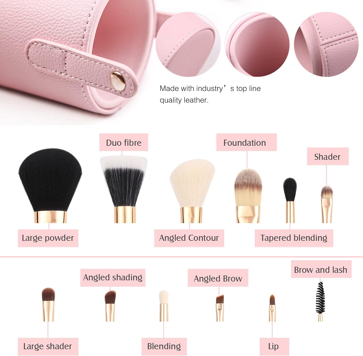Zoreya Makeup Brush Set 12Pcs Pink Synthetic Makeup Brushes Travel Set with Holder Makeup Brush Organizer Foundation Powder Contour Blush Eye Cosmetic Brush Sets in Case with Bonus Gift Makeup Sponge - Black,Gold image number 7