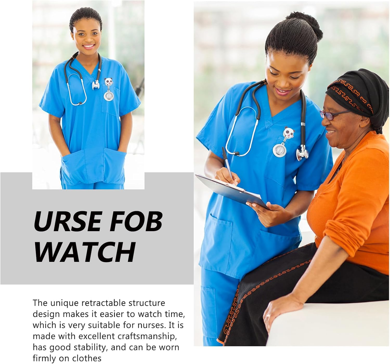 Gatuida Watches Clip Watch Alloy for with Convenient Doctors Panda on Cover Hanging Pattern Metal -Shaped Doctor Clip- Nurses