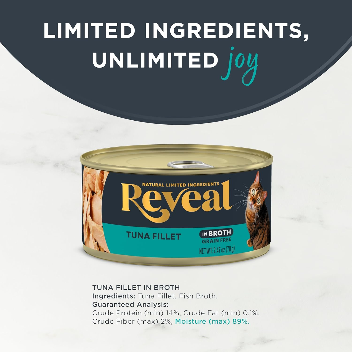Reveal Natural Wet Cat Food, 24 Count, Grain Free, Limited Ingredient Canned Food for Cats, Tuna in Broth, 70G Tins image number 1