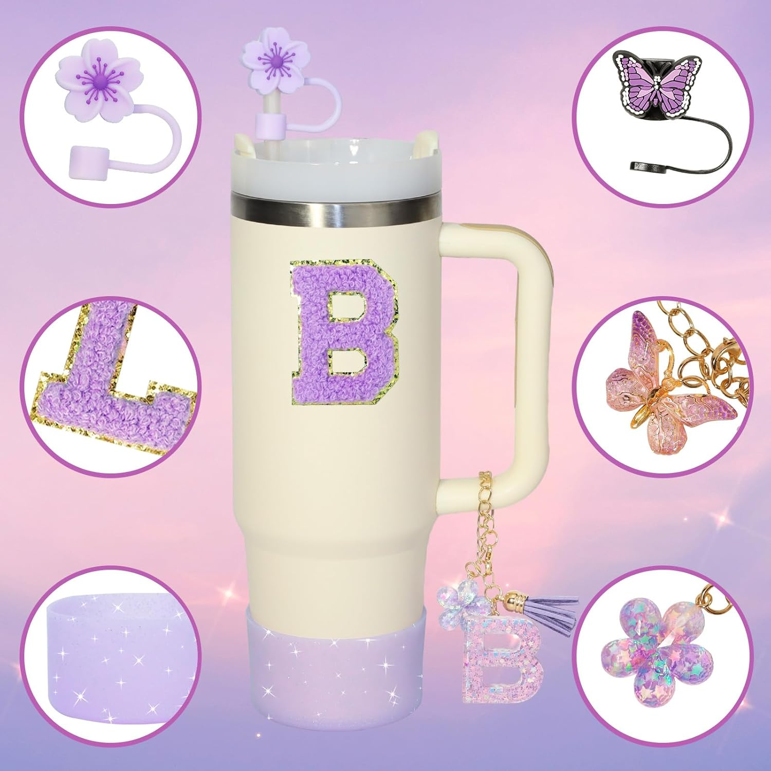 6PCS Cup Accessories Set for Stanley Cup 30Oz 40Oz Tumbler with Handle, Including Silicone Straw Topper Cover Cap and Boot, Spill Proof Stopper, Handle Charm, Initials Sticker(Purple B) - Purple B image number 6