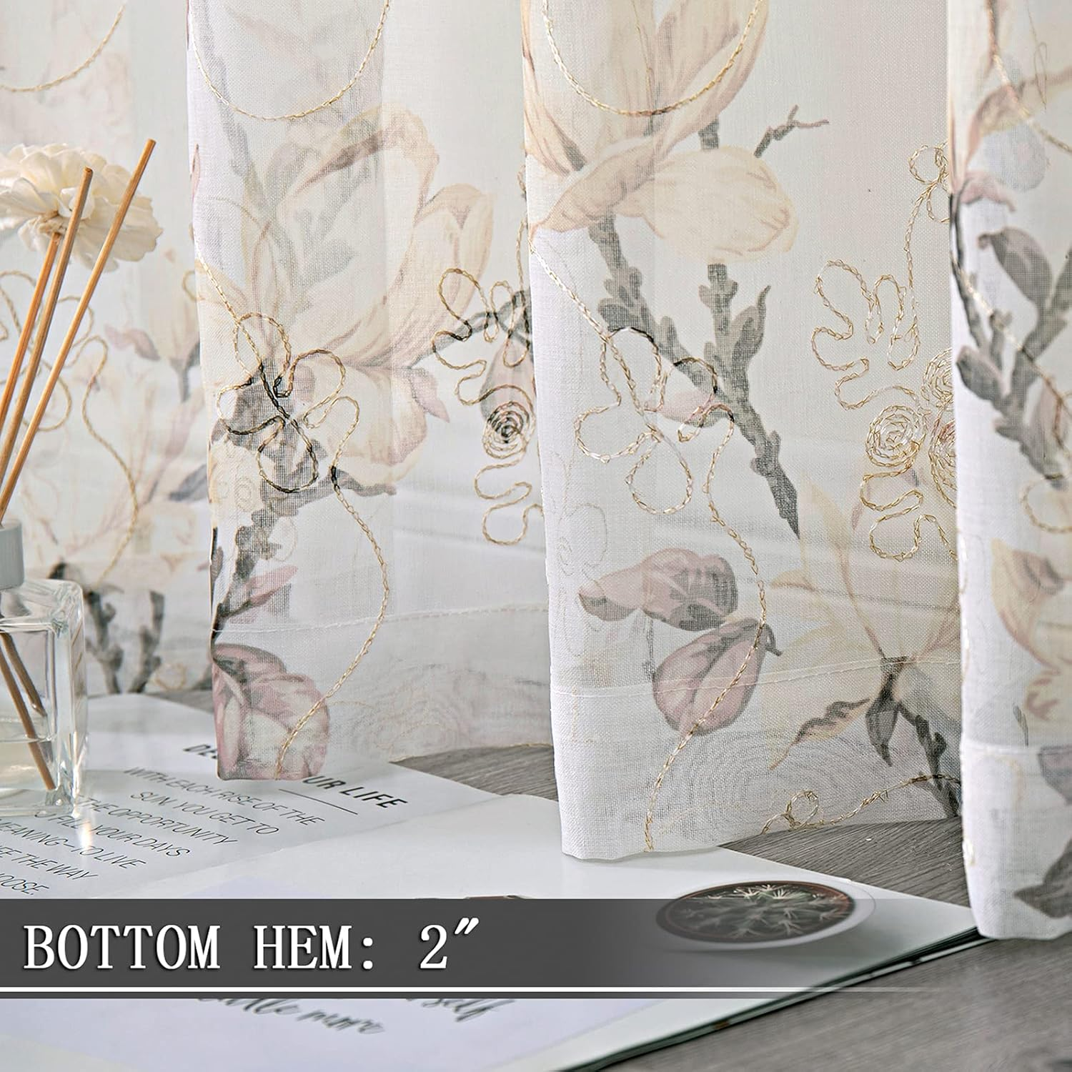 Tollpiz Floral White Sheer Curtain Flower Print Vine Embroidery Bedroom Curtains Rod Pocket Voile Window Curtain for Living Room, 54 X 84 Inches Long, Set of 2 Panels image number 6