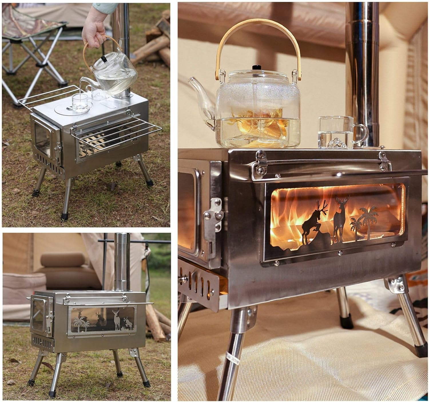 Portable Stainless Steel Camping Tent Stove Multifunctional Wood Burner with Both View Window, Outdoor Heater Cooker for Backpacking Hiking Fishing image number 6