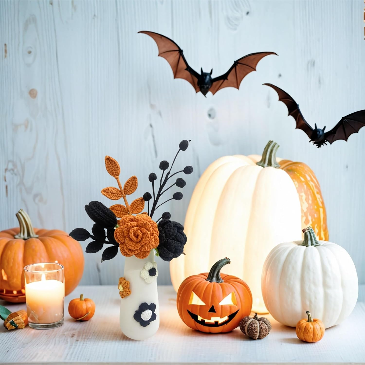 Noristyle Halloween Bouquet Crochet Flowers with Vase for Halloween Decorations Indoor, Black Orange Handmade Crochet Flowers for Home Office Desk Decor Table Centerpiece (Black) image number 1