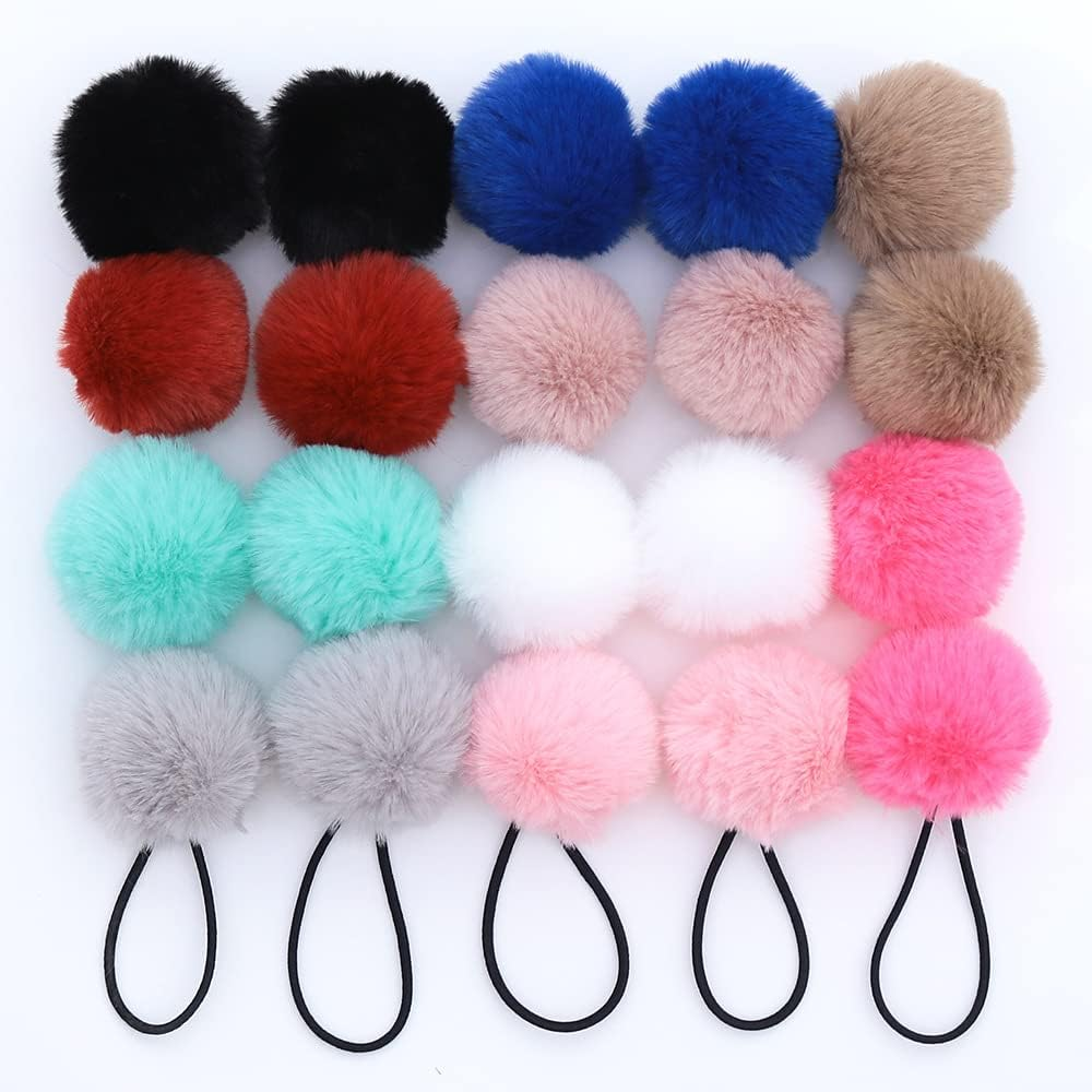 Pack of 5 Pom Pom Hair Bands for Women, Elastic Pom Ball Hair Band, Small Hair Bobbles Scrunchie with 5 Cm Pompoms, Hair Accessories for Ponytail, Thin Braids, Red image number 3