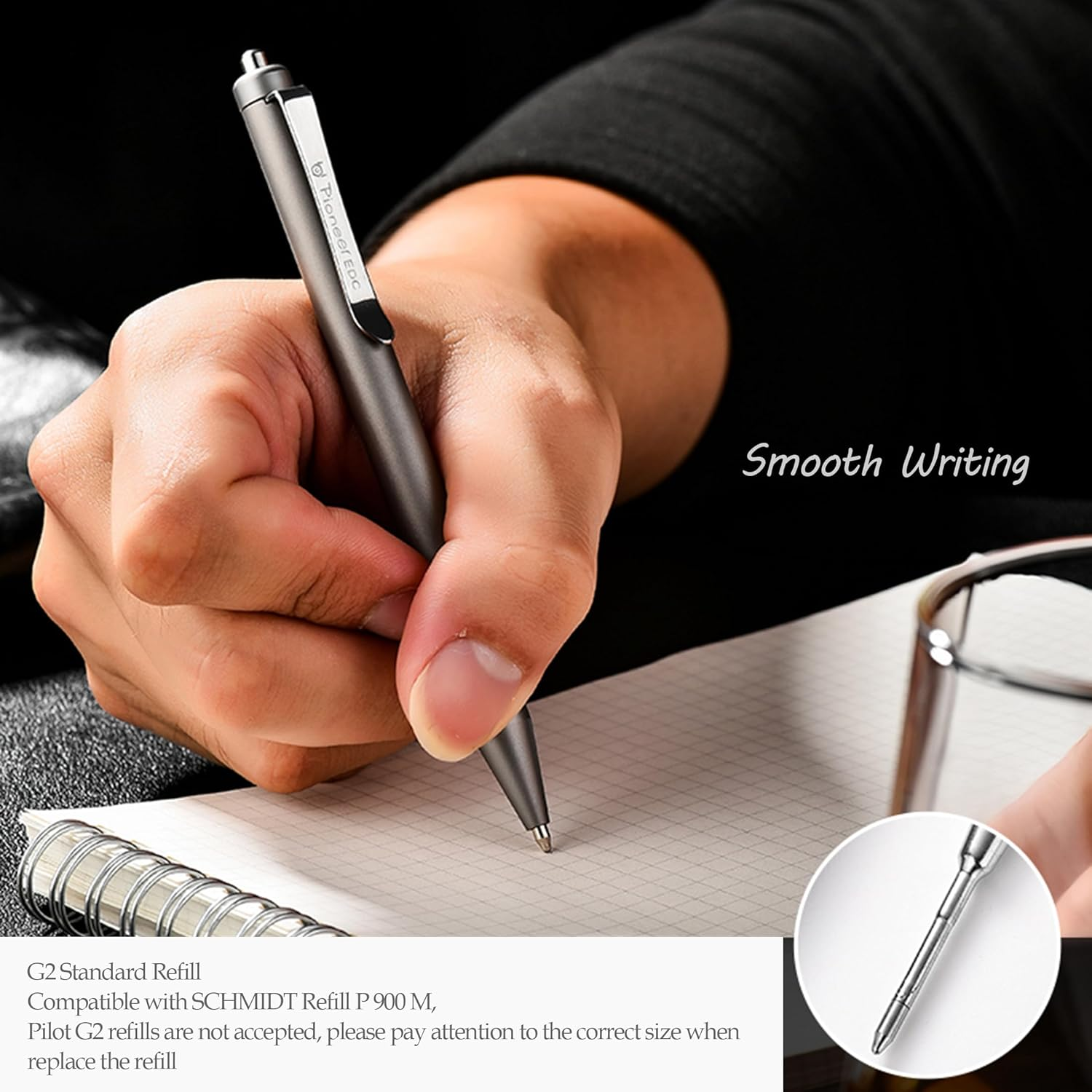 Hamans Titanium Ballpoint Pen 5.31&ldquo; Push Pen Clip to Retract Refill Pocket Pen for Everyday Carry Compact Size - Grey image number 6