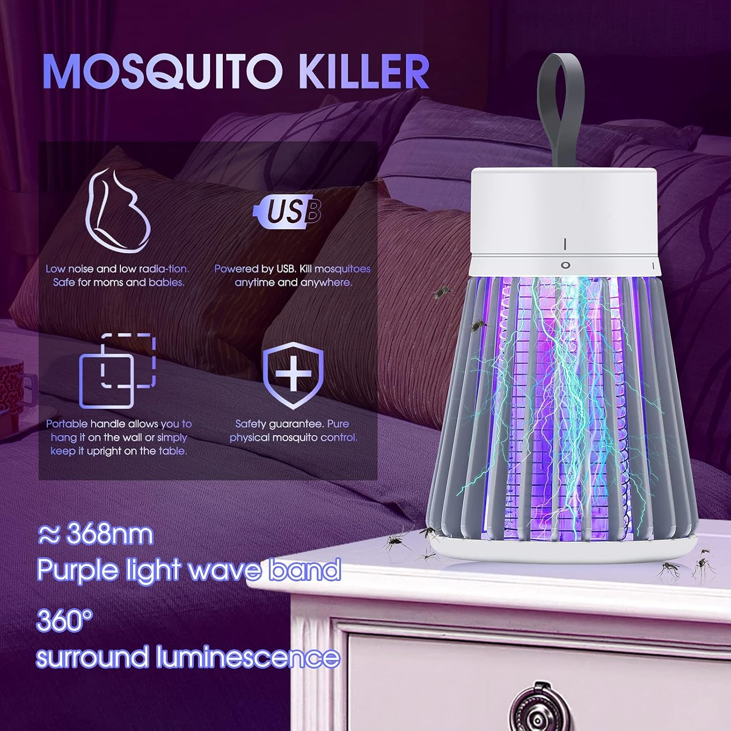 Portable Bug Zapper, LED Fly Trap with Purple Light, 6-Hour Battery Life, Indoor Outdoor Mosquito Killer, Grey image number 5