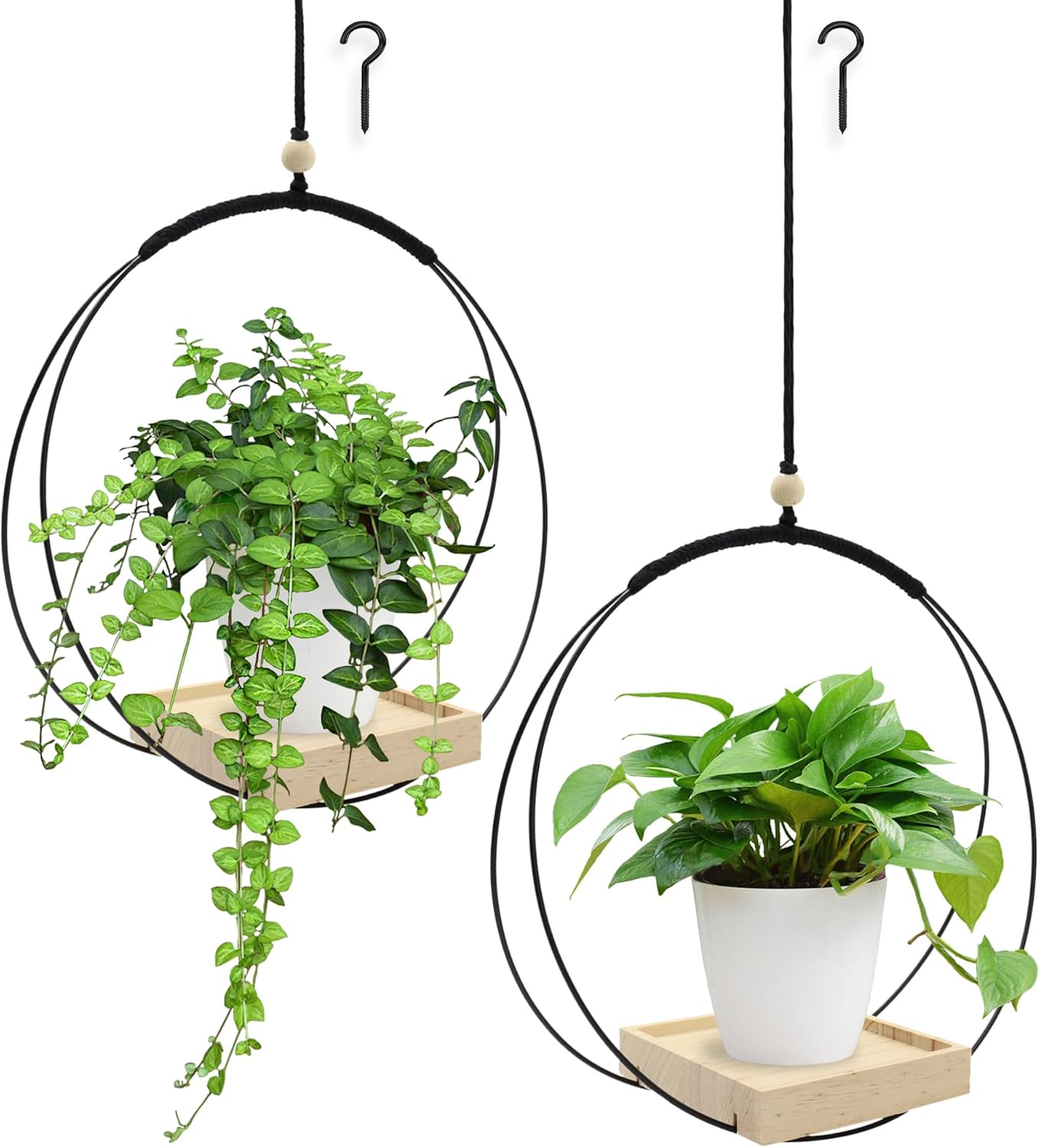 2 Pack Hanging Plant Holder, Metal Wall Hanging Planter with Wood Base, Plant Hangers Indoor, Hanging Flower Basket for Outdoors, Swinging Plant Pot for Room Ceilings Window (Brown)