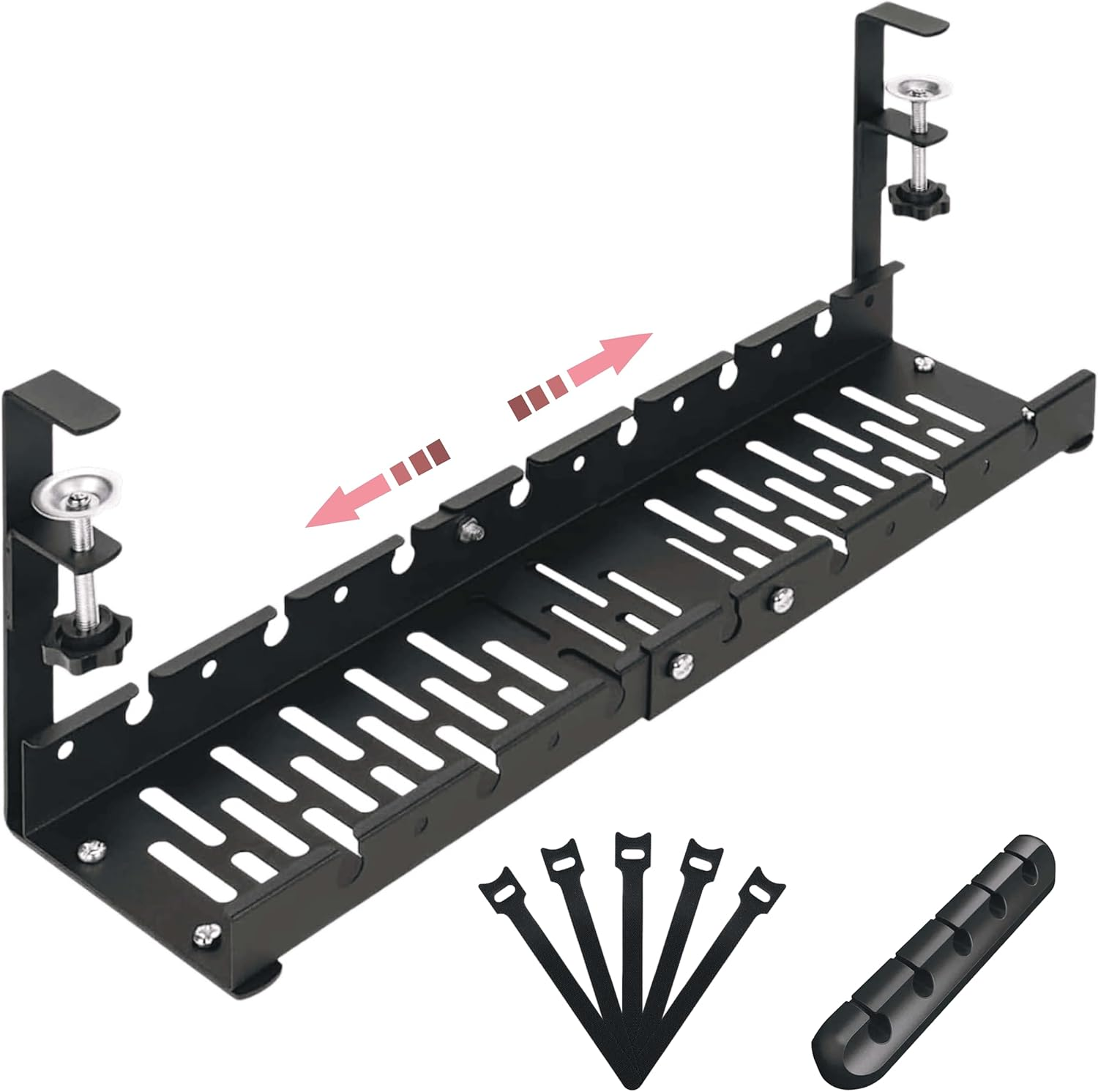 HOMLEY Cable Management Tray, under Desk Cable Organiser, Extendable Desk Organiser, No Drill or Glue, Metal Desk Accessories for Office and Home, Extra Cable Clip and Cable Ties (Black) image number 4
