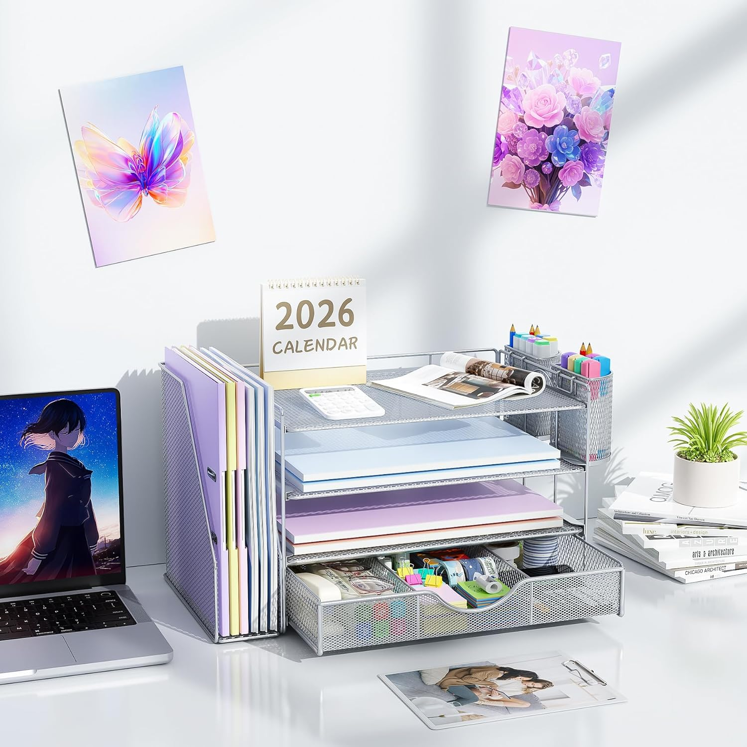 Gianotter Paper Organizer with File Holder for Desk, 4 Tier Letter Tray Office Desk Organizers and Accessories - Workspace Organizers with Drawer and 2 Pen Holder for Office Supplies (Grey), 4T-2 - Blue image number 4