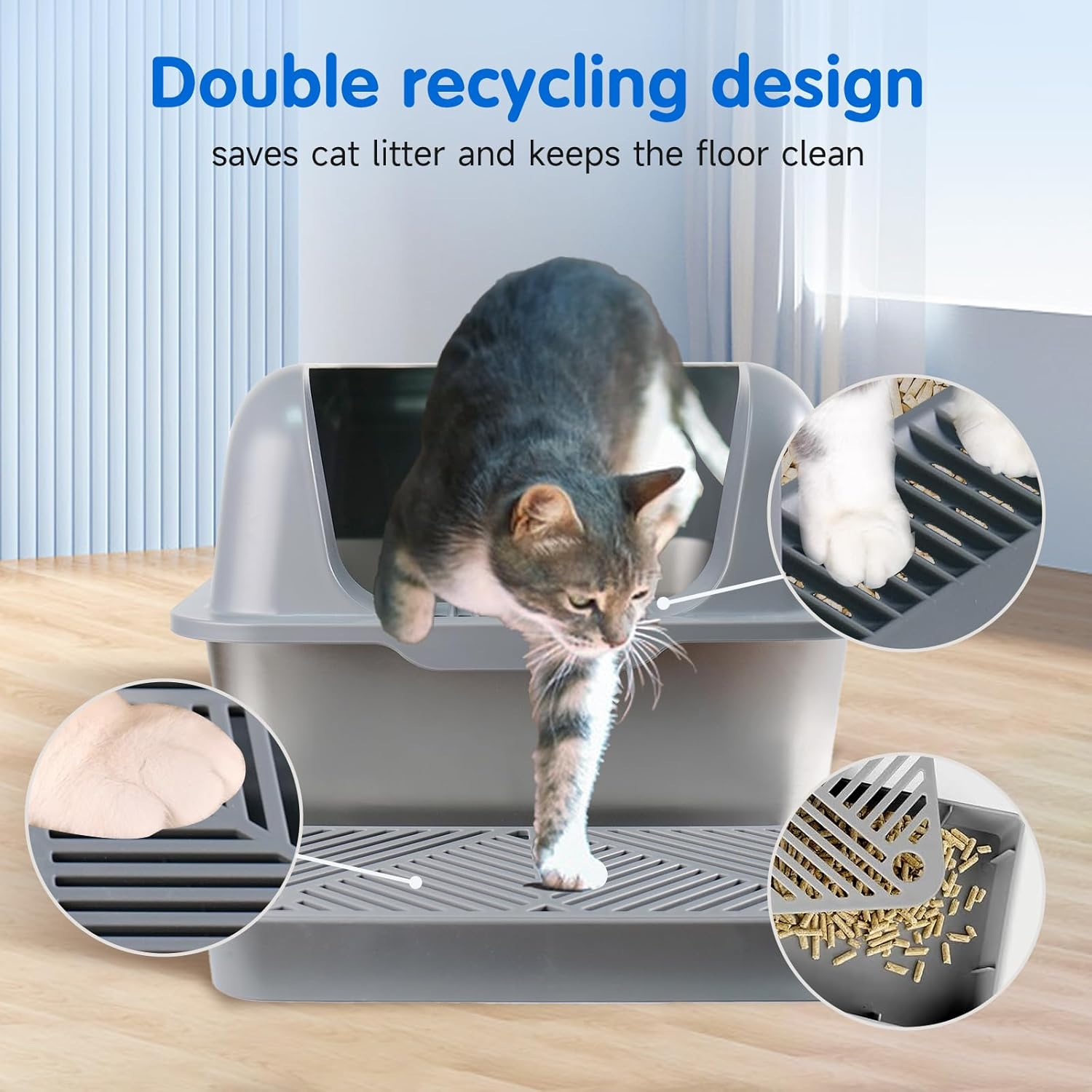 Extra Large Stainless Steel Litter Box with Lid, High Sides Covered Metal Jumbo Cat Litter Boxes for Big Cats, anti Leakage, Never Absorbs Odors, Non-Sticky, FOXORU image number 4
