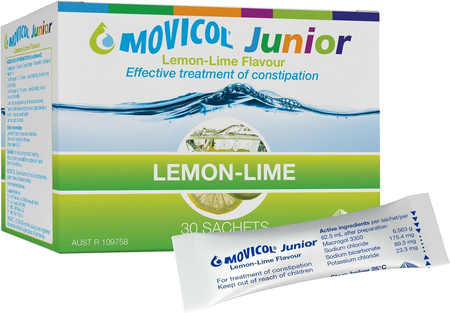 Movicol Junior Sachets, Lemon-Lime, 30 Sachets, Constipation Relief for Children, Laxatives, Relief, Hydrates, Softens & Help Restore Natural Bowel Movement