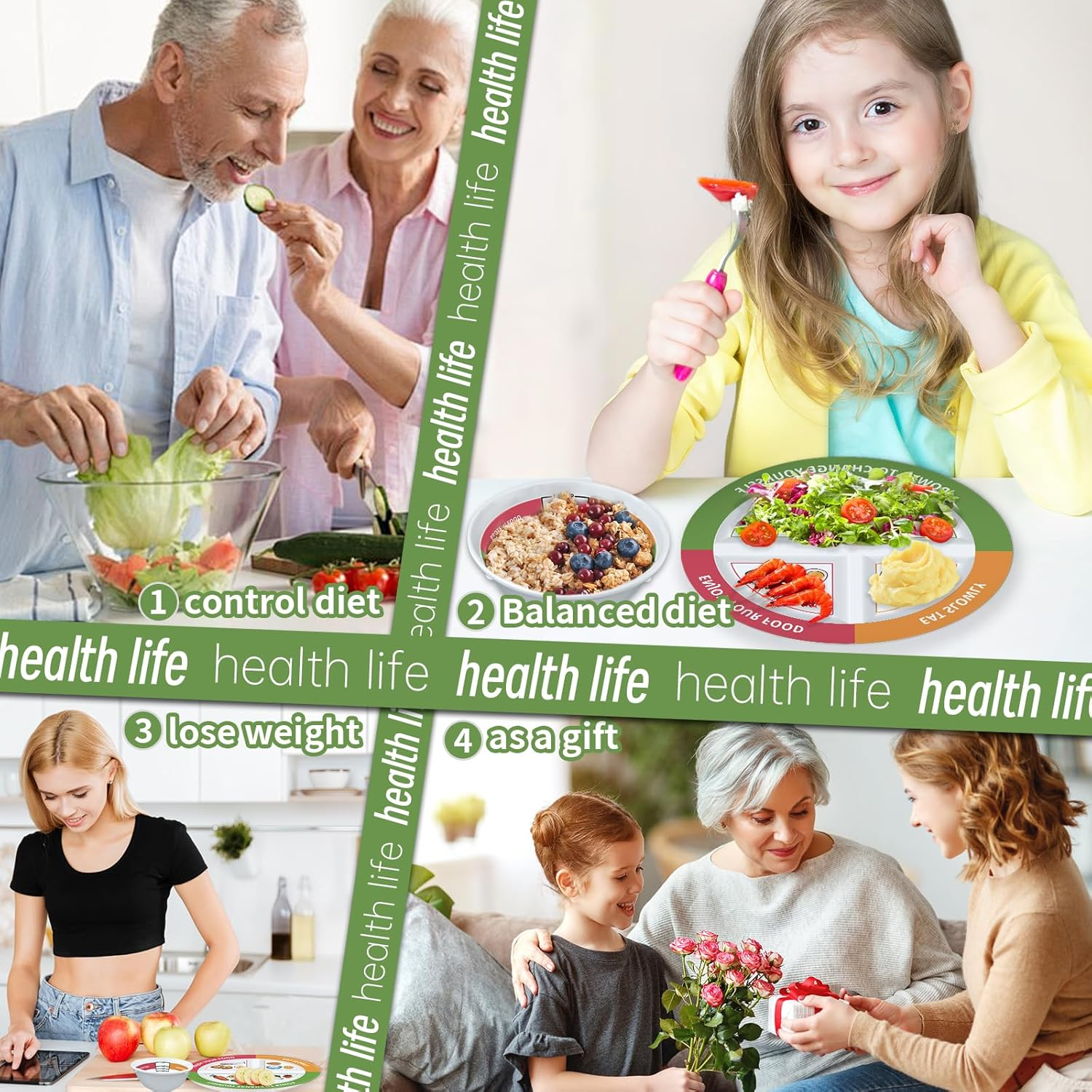 Viynran 4 Pcs Portion Control Plates & Bowls Set (9 Inch), Self-Measuring for Weight Loss, Gastric Bypass, Lapband, Diabetes, & Healthy Diets, Divided Nutrition Plates for Adults & Children image number 3