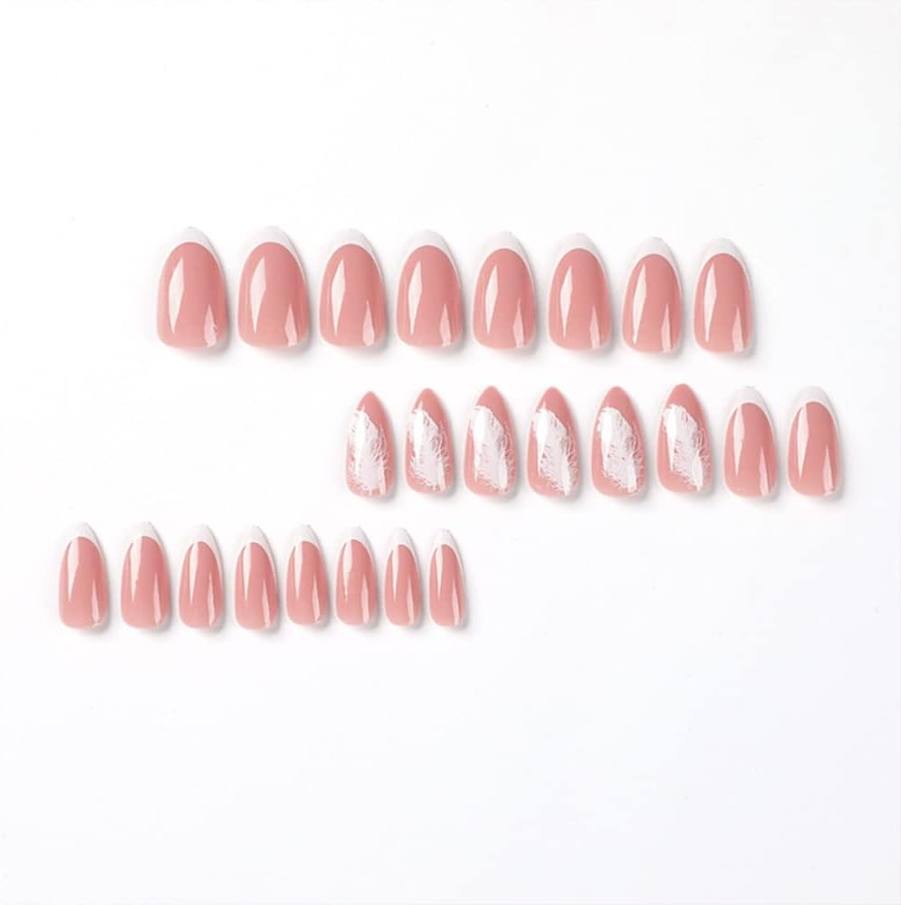 Medium Almond White French Nails for Gluing, KXAMELIE Press on Nails with Leather Designs Acrylic Artificial Nails for Women and Girls Daily Use 24 Pieces