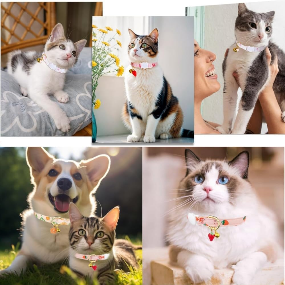 Cotton Detachable Cat Collar, Pink Strawberry White Heart-Shaped Pendant, Cute Kitten and Bell Cat Collar 2-Piece Set