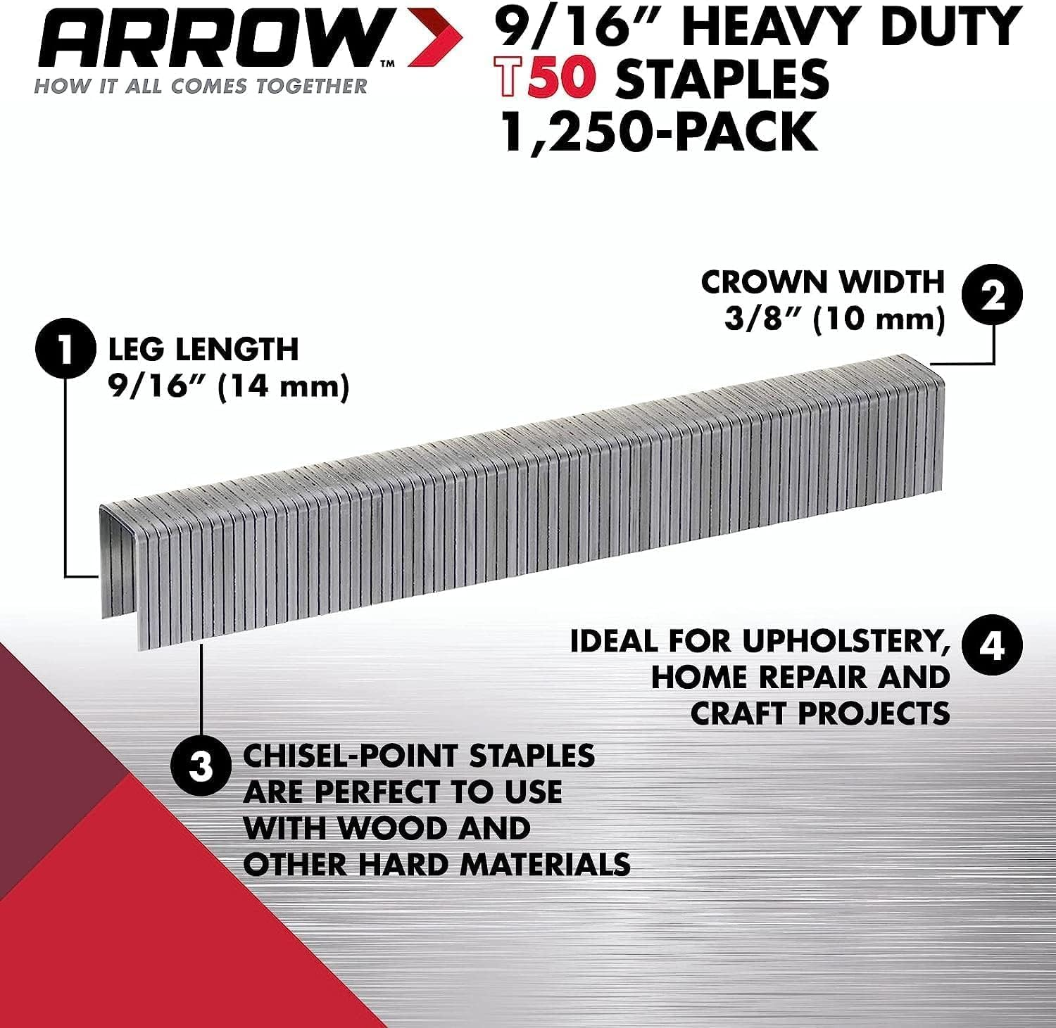 Arrow 509 Heavy Duty T50 Staples 5000-Pieces, 9/16-Inch Length image number 1