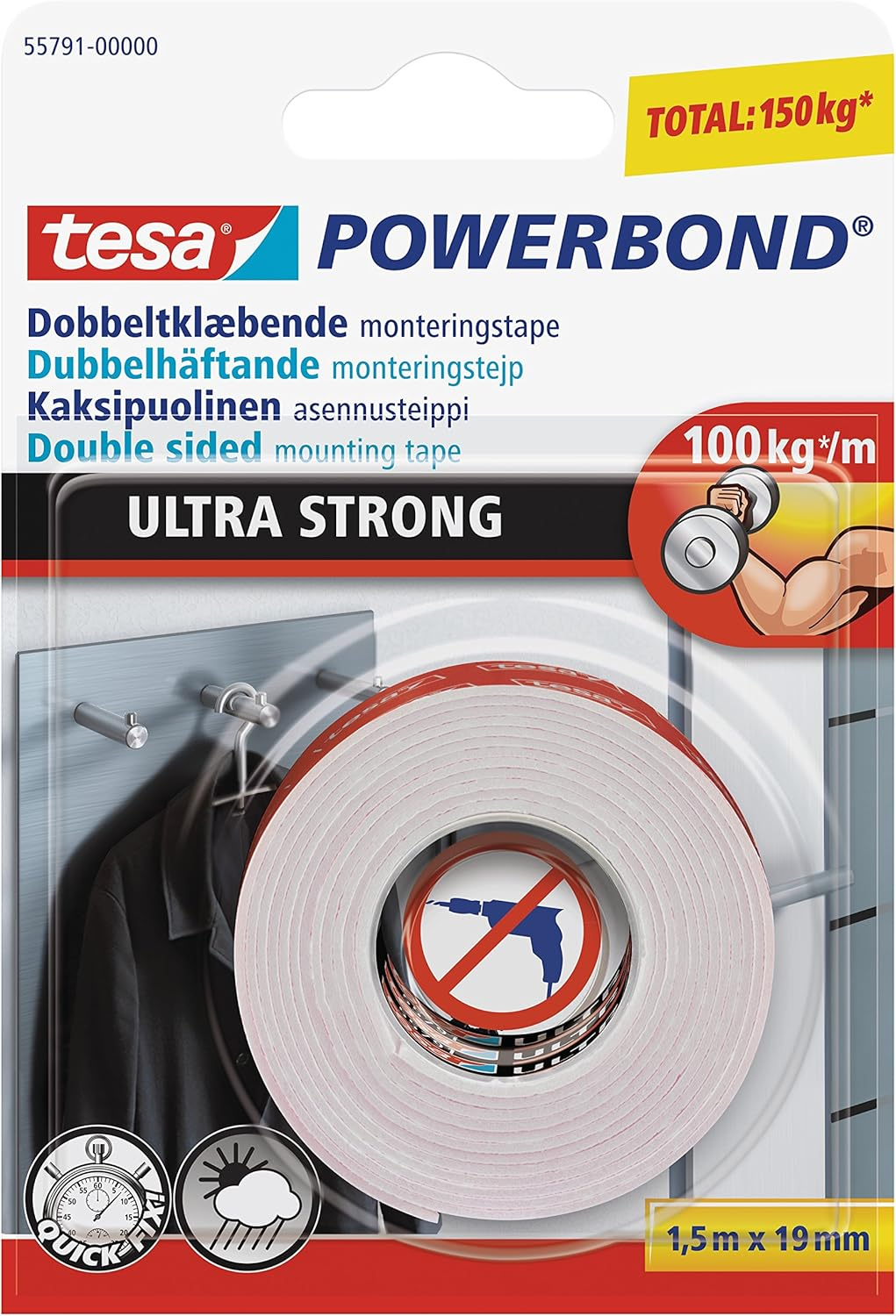 Tesa Powerbond Outdoor - Double-Sided Mounting Tape for Outdoor Use - UV-, Water- and Temperature Resistant Adhesive Tape - Holds up to 1 Kg per 10Cm Tape, 1,5M X 19Mm image number 5