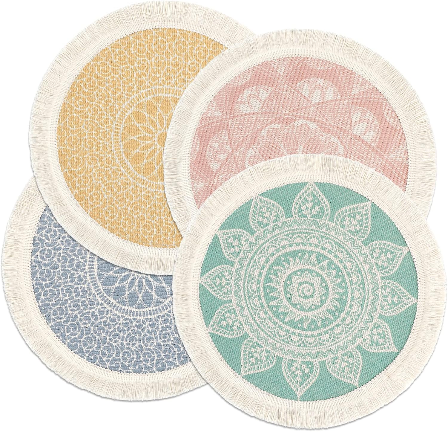 LOMOHOO Set of 6 round Placemats 13 Inch Table Mats Boho Cotton Woven Mandala Tassels Heat Proof Washable Circle Place Mat for Kitchen Dining Wedding Farmhouse Home Decoration