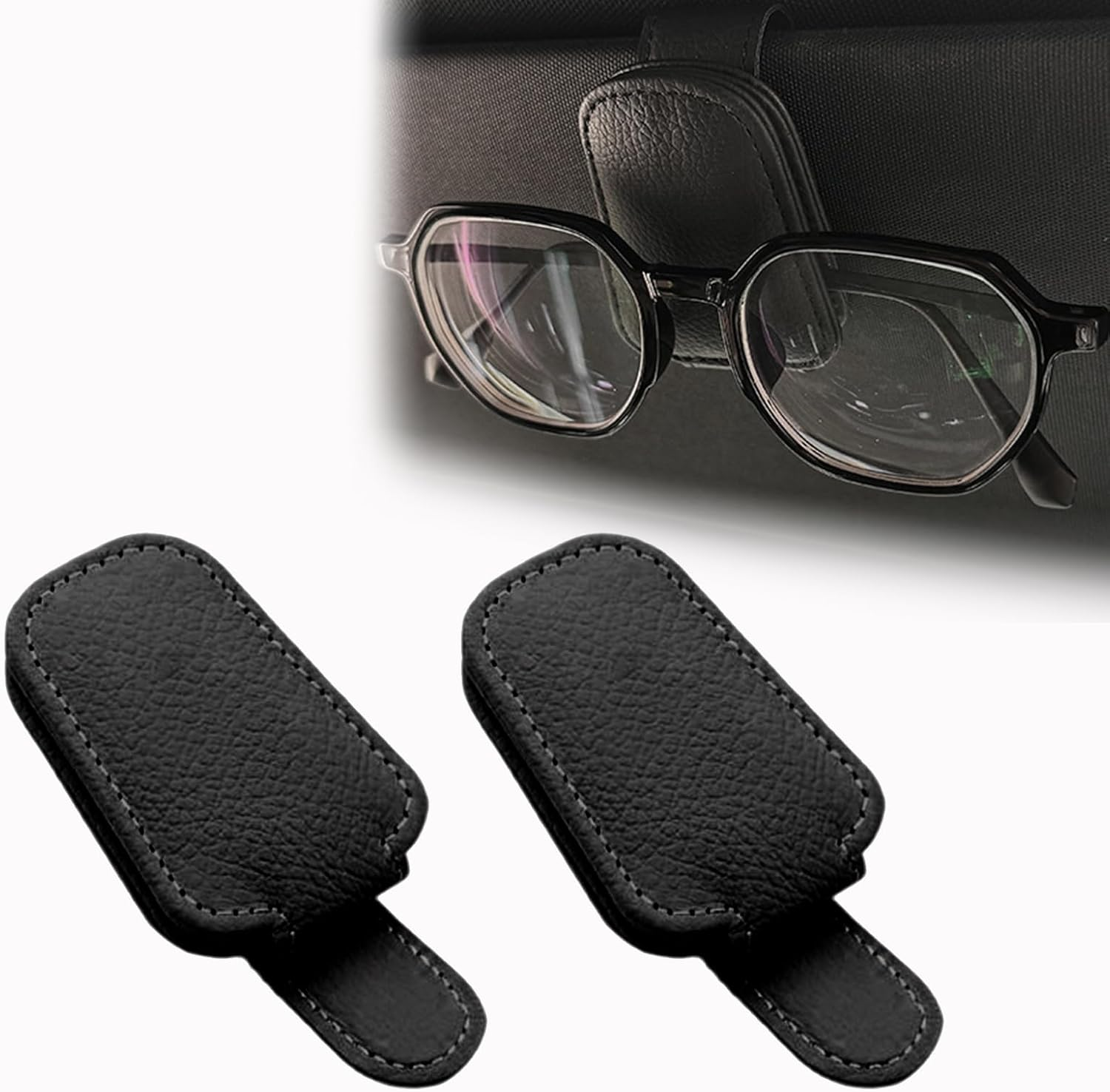 2 Pack Car Sunglasses Holder, Magnetic Leather Sunglasses Clip for Car Visor, Black image number 2