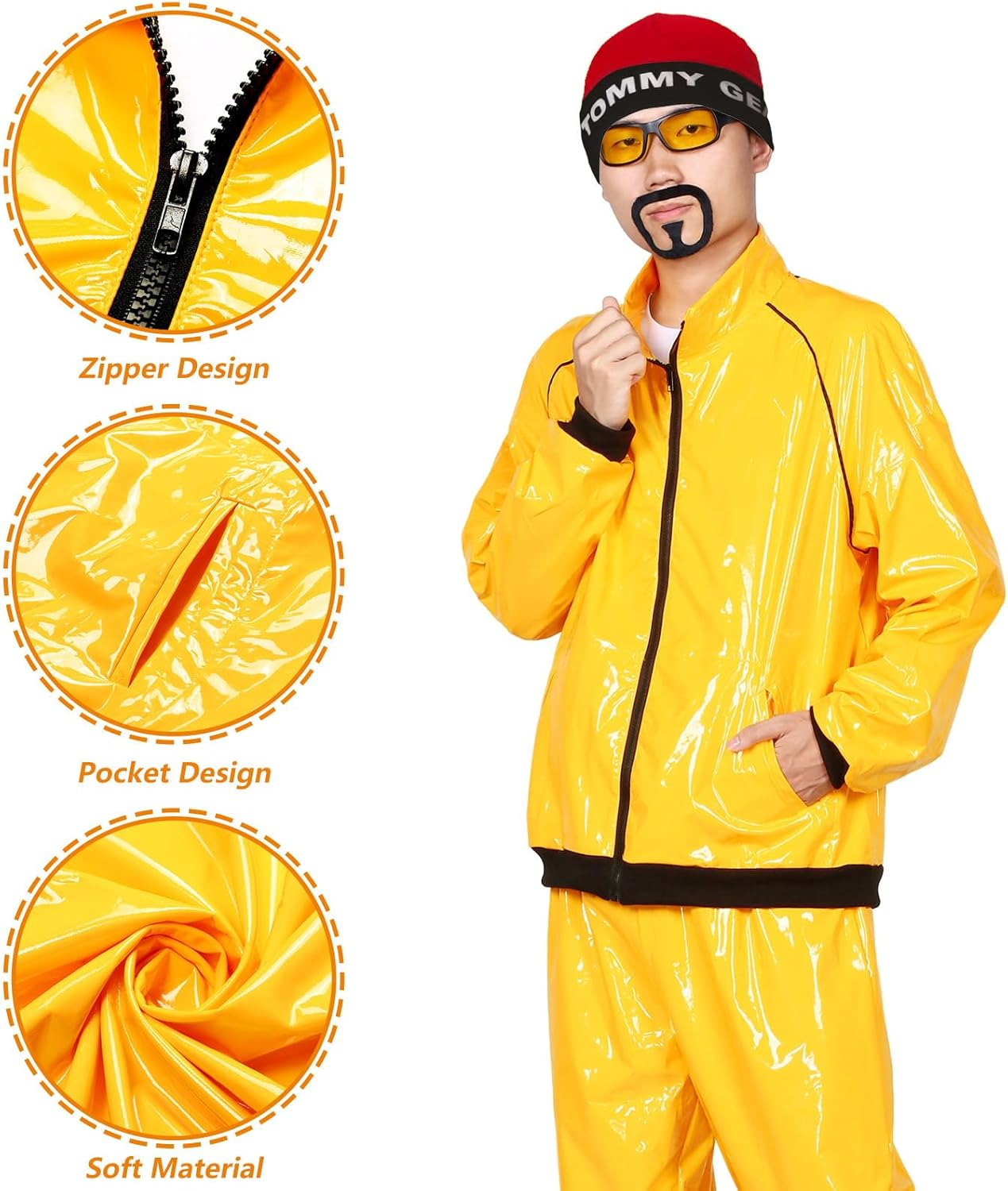 90S Fancy Dress Costumes Men Yellow 7 Pcs Shell Suit 80S 90S 80S Fancy Dress Men,Fancy Dress Costume for Disco,80S 90S Theme Party,Halloween,Stag Party