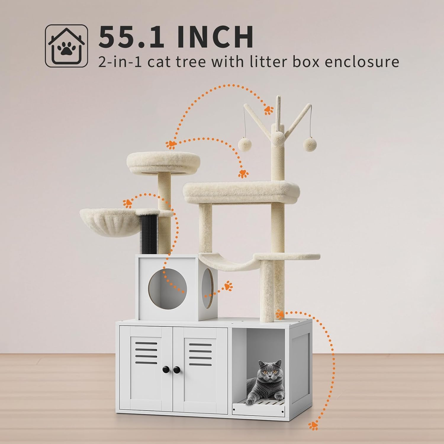 Boundliving Cat Tree with Hidden Litter Box Enclosure, 2-In-1 Modern Cat Tower Condo with Sisal Scratching Posts Plush Perch Ventilated Design, Space-Saving Cat Furniture image number 1