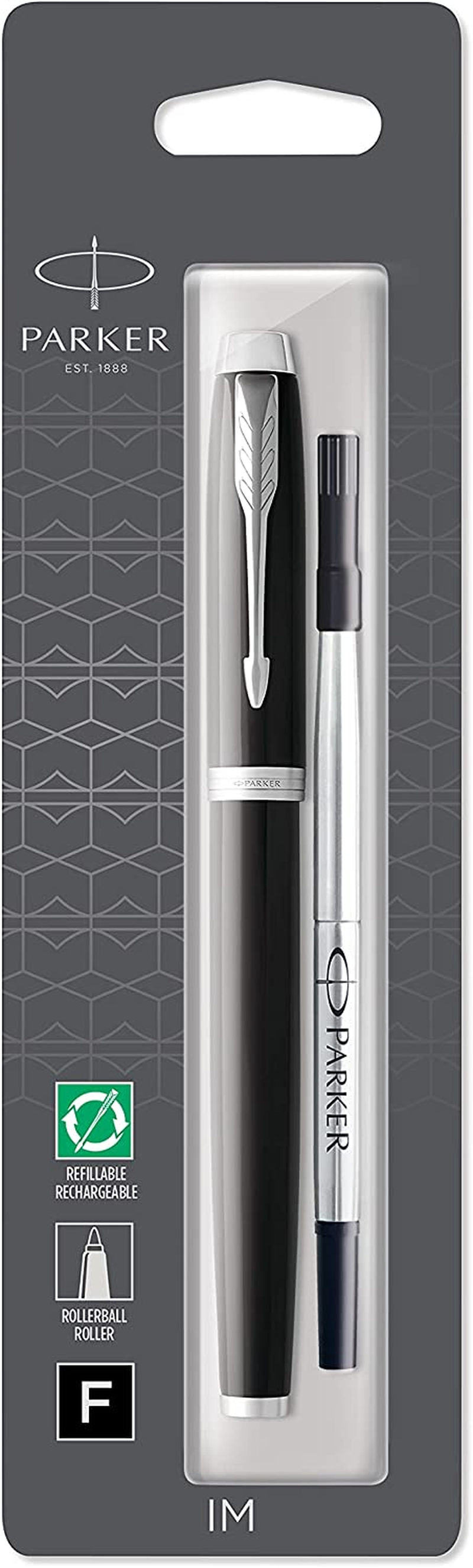Parker IM Rollerball Pen, Black Lacquer Chrome Trim with Fine Point Black Ink Refill, Gift Box (1931658)