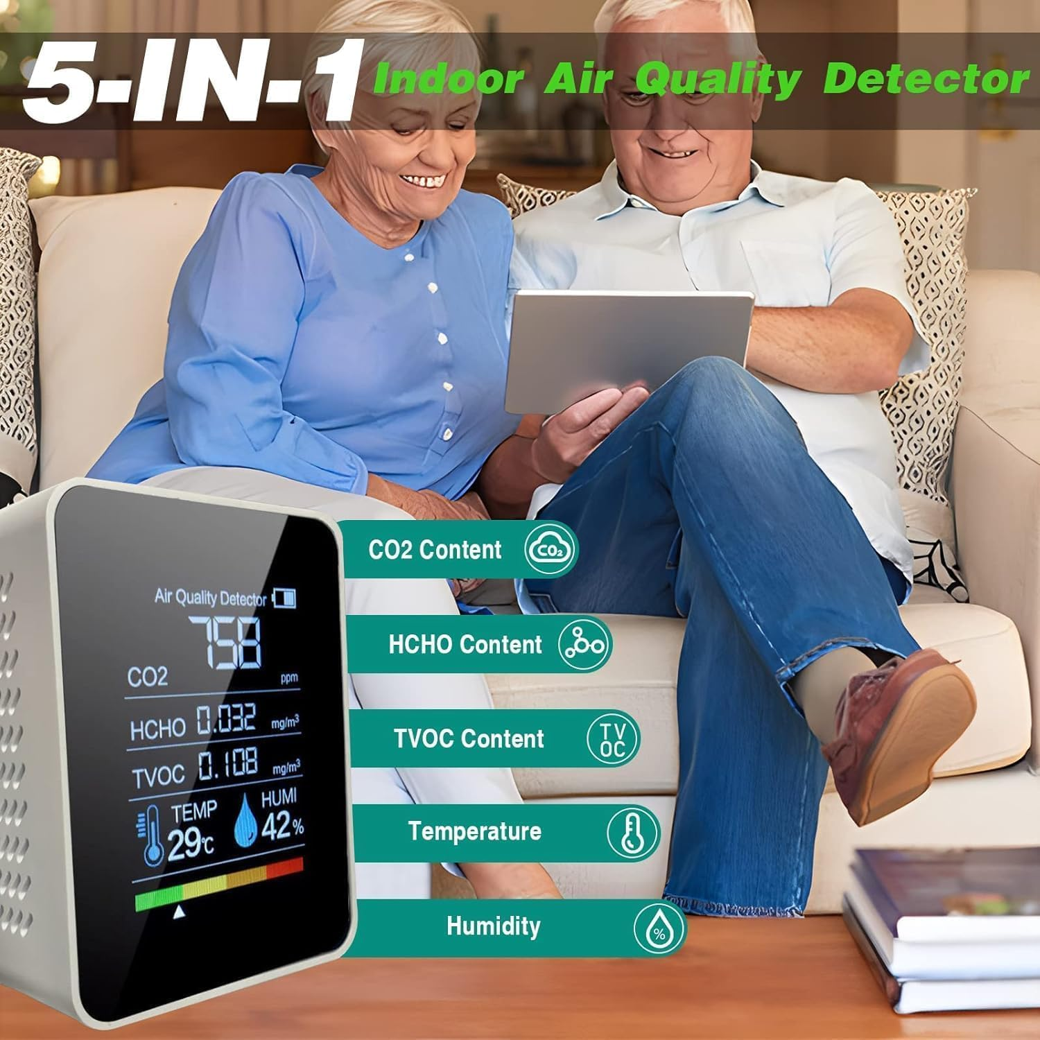 B-Qtech 5 in 1 Air Quality Monitor, Indoor Air Quality Tester Co2/Humidity/Hcho/Tvcc/Temperature Tester, Air Pollution Monitor for Home, Rooms, Grow Tents, Offices, Cars, Hospitals image number 1