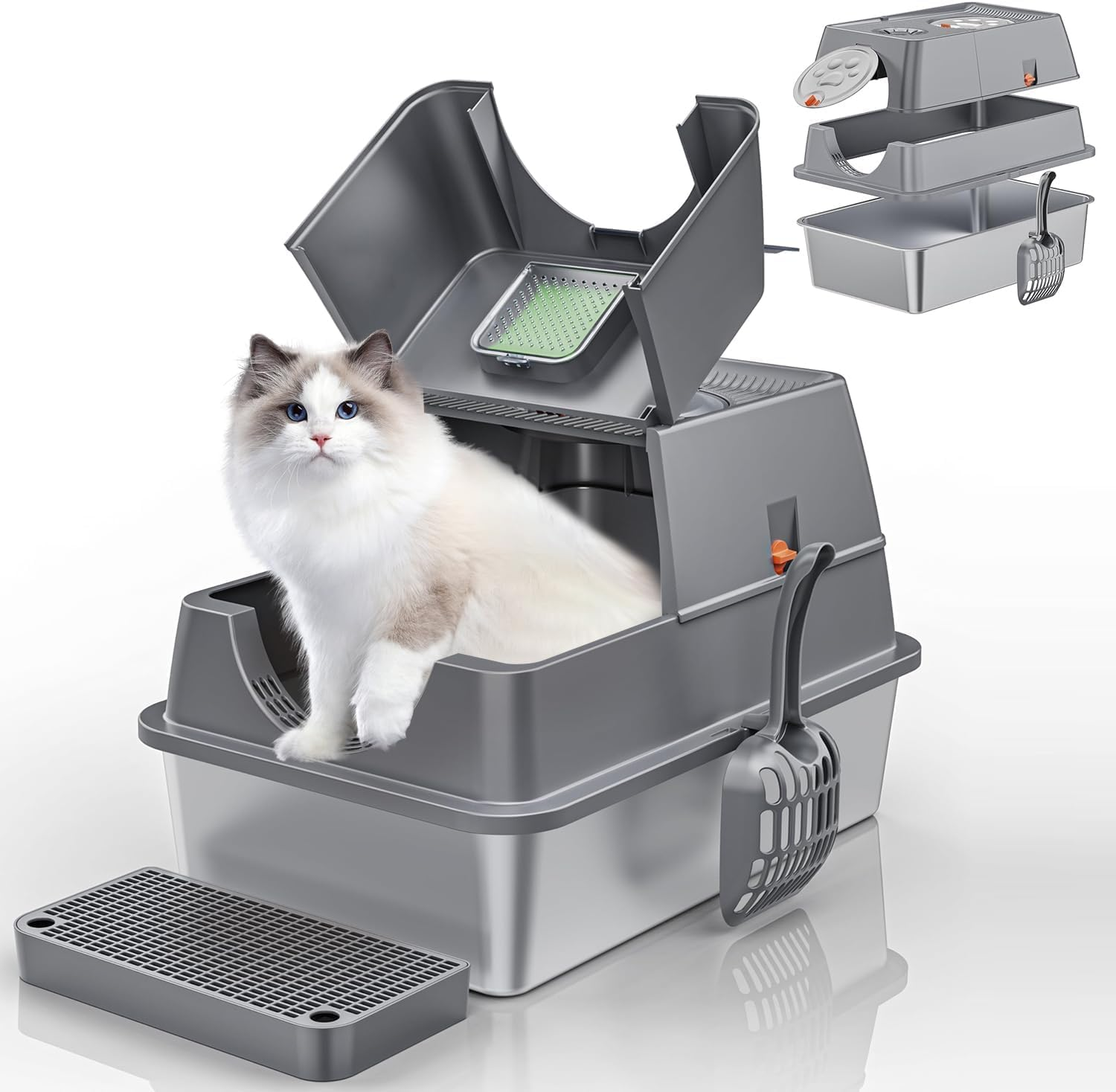 ZALLUC Stainless Steel Cat Litter Box with Lid, Flip-Top Extra Large Cat Litter Pan, Enclosed Metal Litter Box with Litter Scoop & Filter Pedal, Anti-Leakage, Odor Free, Front & Top Dual Entry(Grey) image number 3