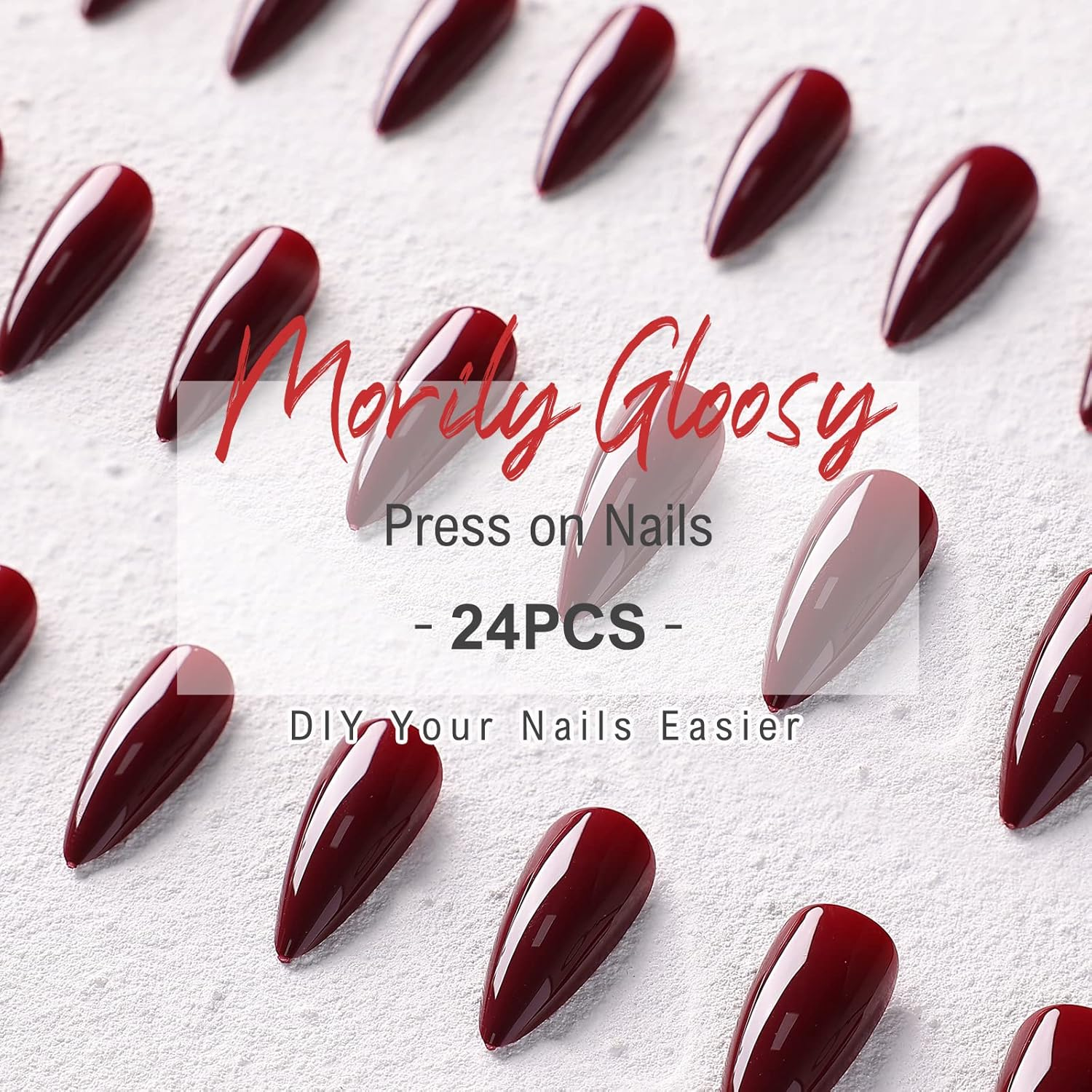 Morily 24Pcs Wine Red Press on Nails Medium Length Stiletto False Nails Long Fake Nails Glossy Acrylic Stick on Nails Solid Color Almond Full Cover Artificial Nails for Women (Wine Red) - Black,Silver image number 2