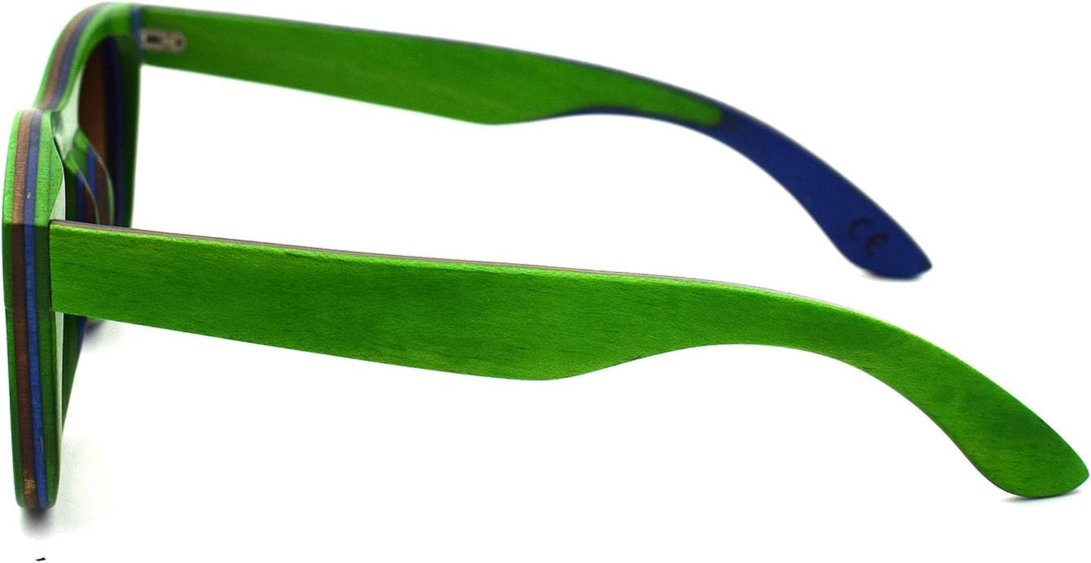 Skateboard Sunglasses Wood Glasses Polarized Wayfarer Sun Shades for Men UV400 Protection with Bamboo Case 52Mm (Green, 2 Inches)